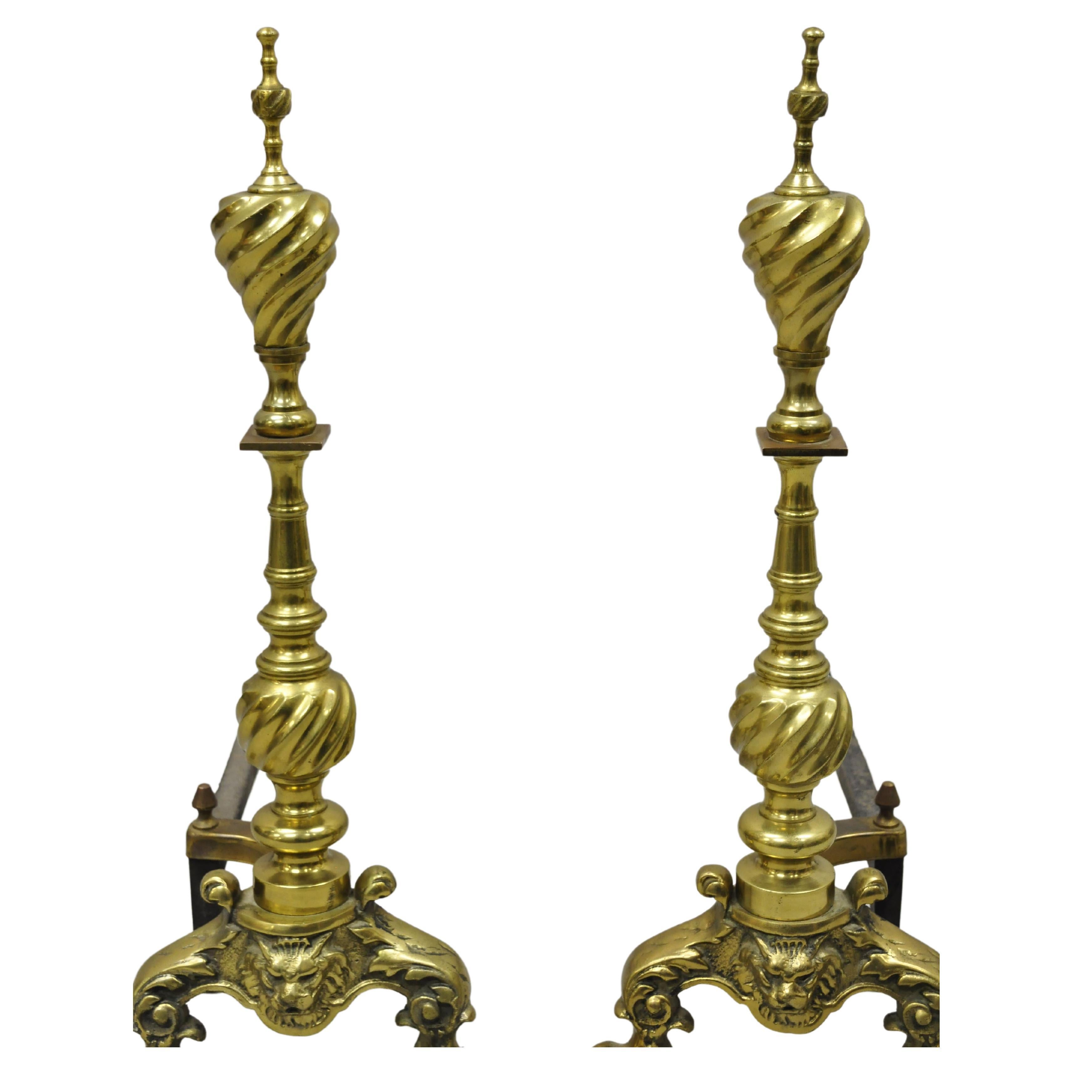 Antique Empire Brass Cast Iron Lion Head Spiral Twist Paw Feet Andirons, a Pair For Sale