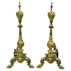 Antique Empire Brass Cast Iron Lion Head Spiral Twist Paw Feet Andirons - a Pair