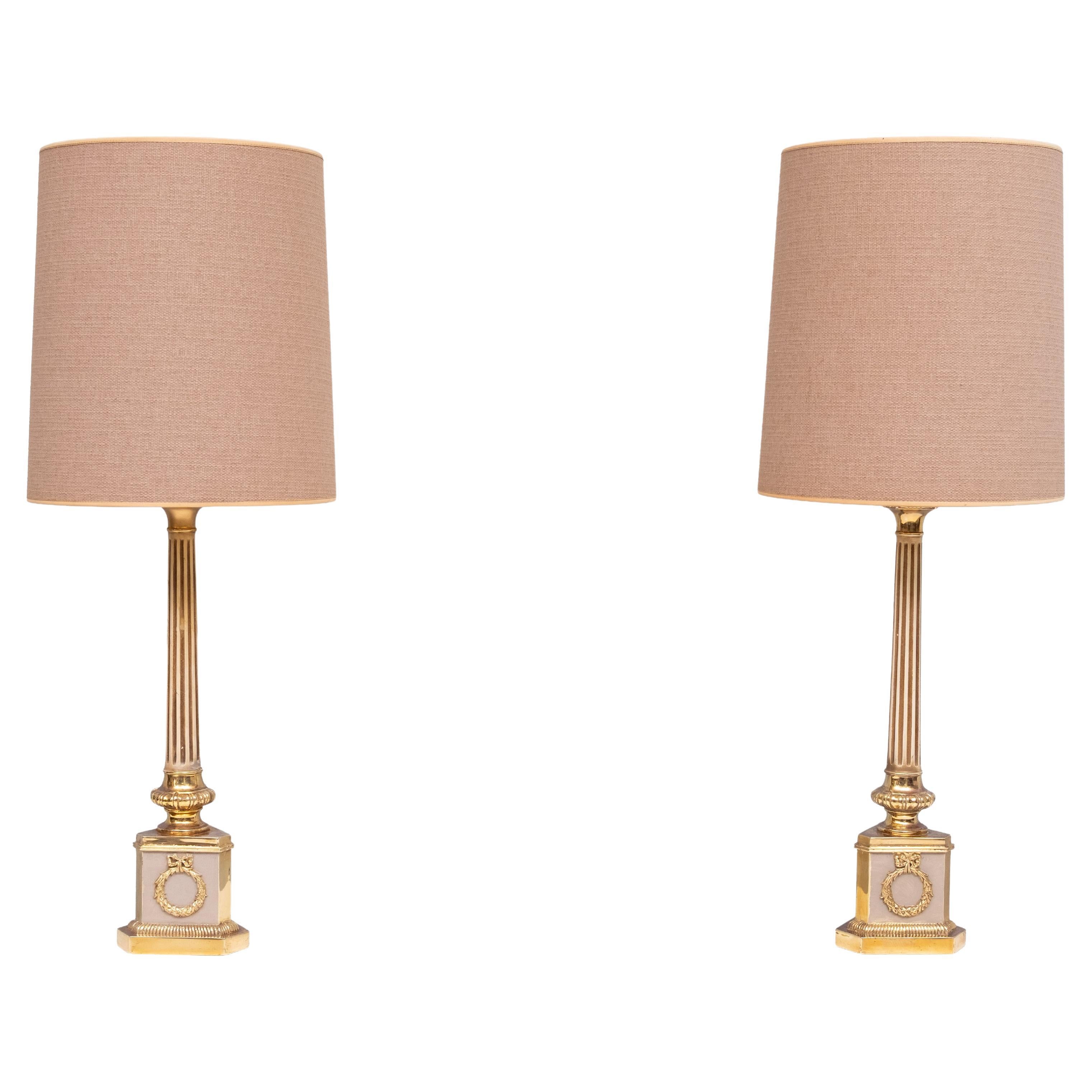 Antique empire brass Column Table Lamps 1950s For Sale