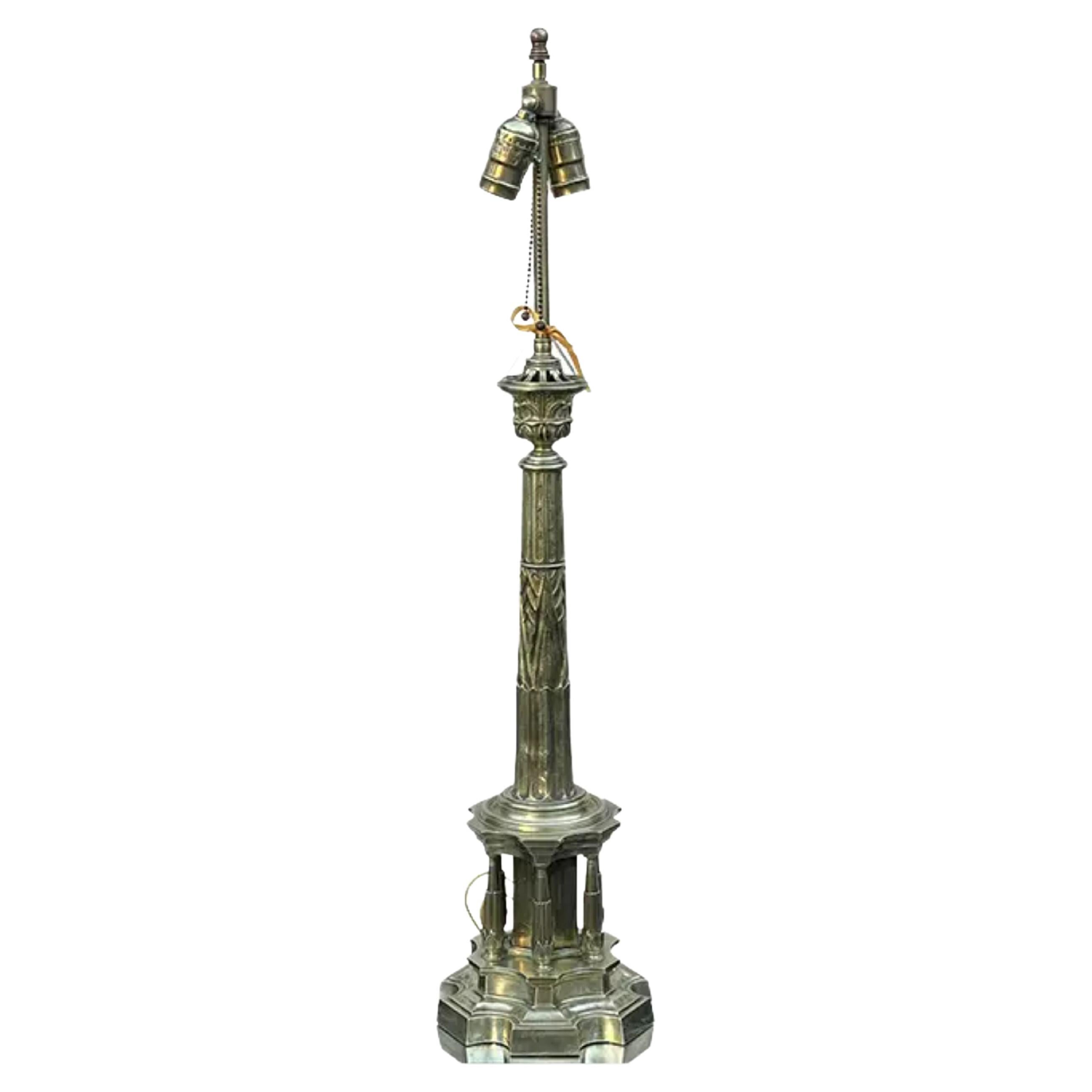 Antique Empire Bronze Column Table Lamp, Early 19th Century