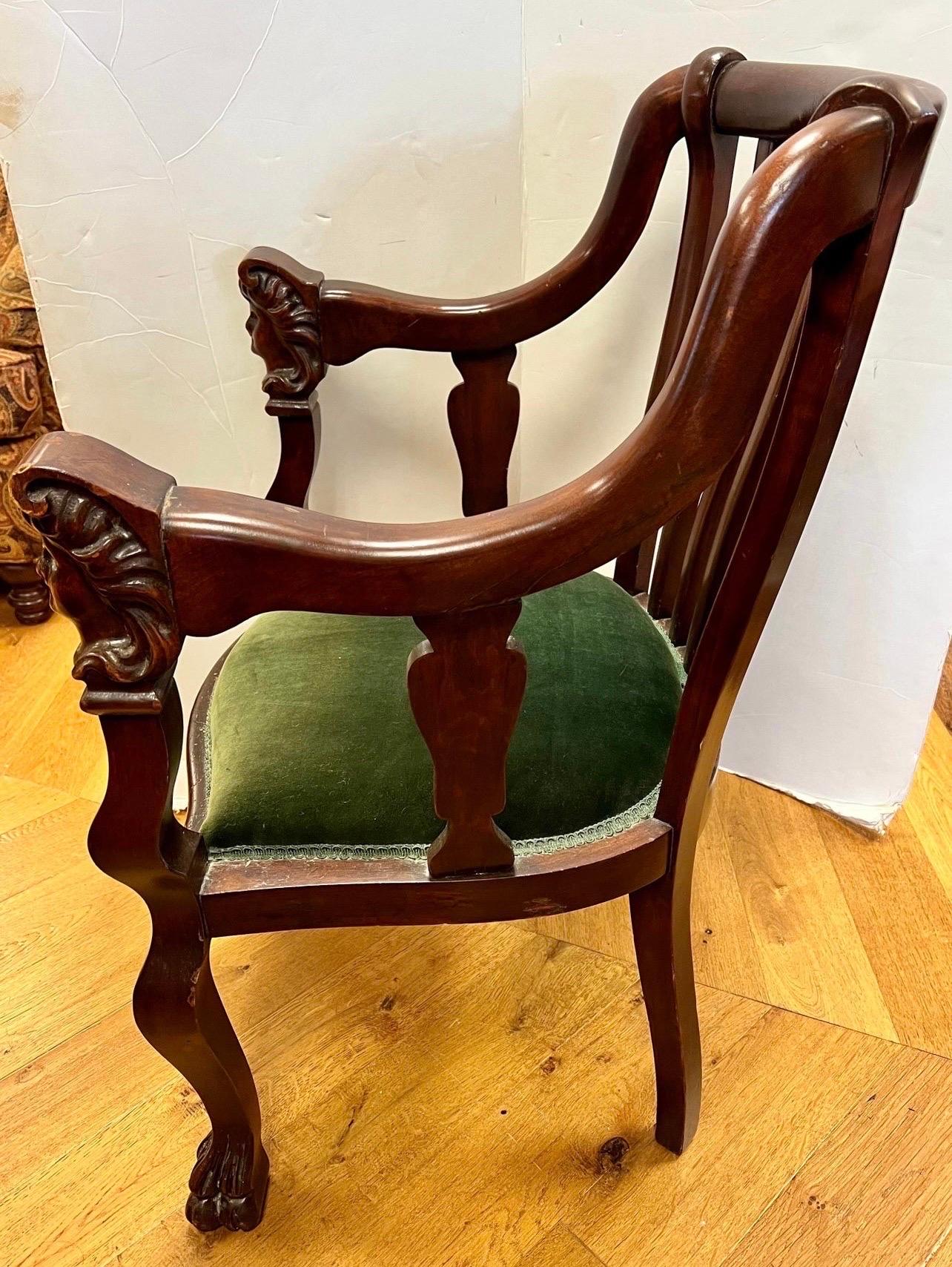 American Empire Antique Empire Carved Mahogany Chair with Figural Heads at Armrests