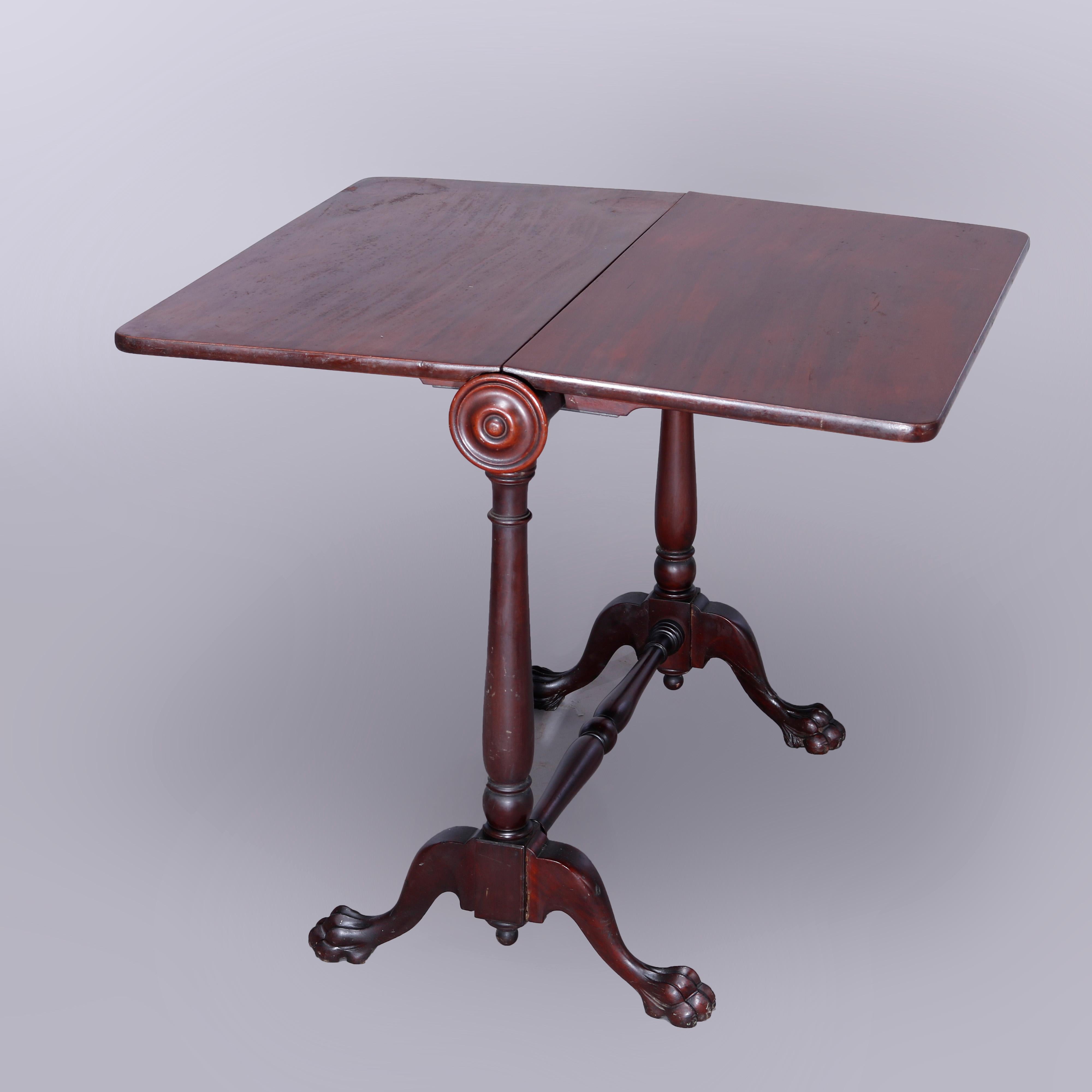 American Antique Empire Carved Mahogany Claw Foot Napkin Fold Drop Leaf Table, c1890