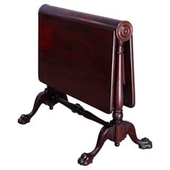 Antique Empire Carved Mahogany Claw Foot Napkin Fold Drop Leaf Table, c1890