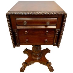 Antique Empire Carved Mahogany Drop-Leaf Pedestal End Table