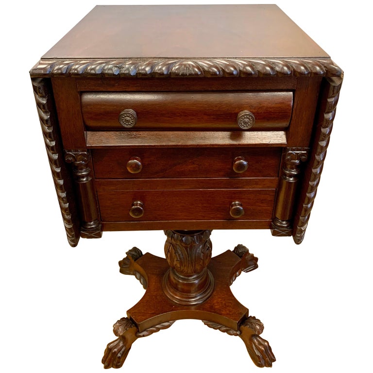 Antique Empire Carved Mahogany DropLeaf Pedestal End Table For Sale at