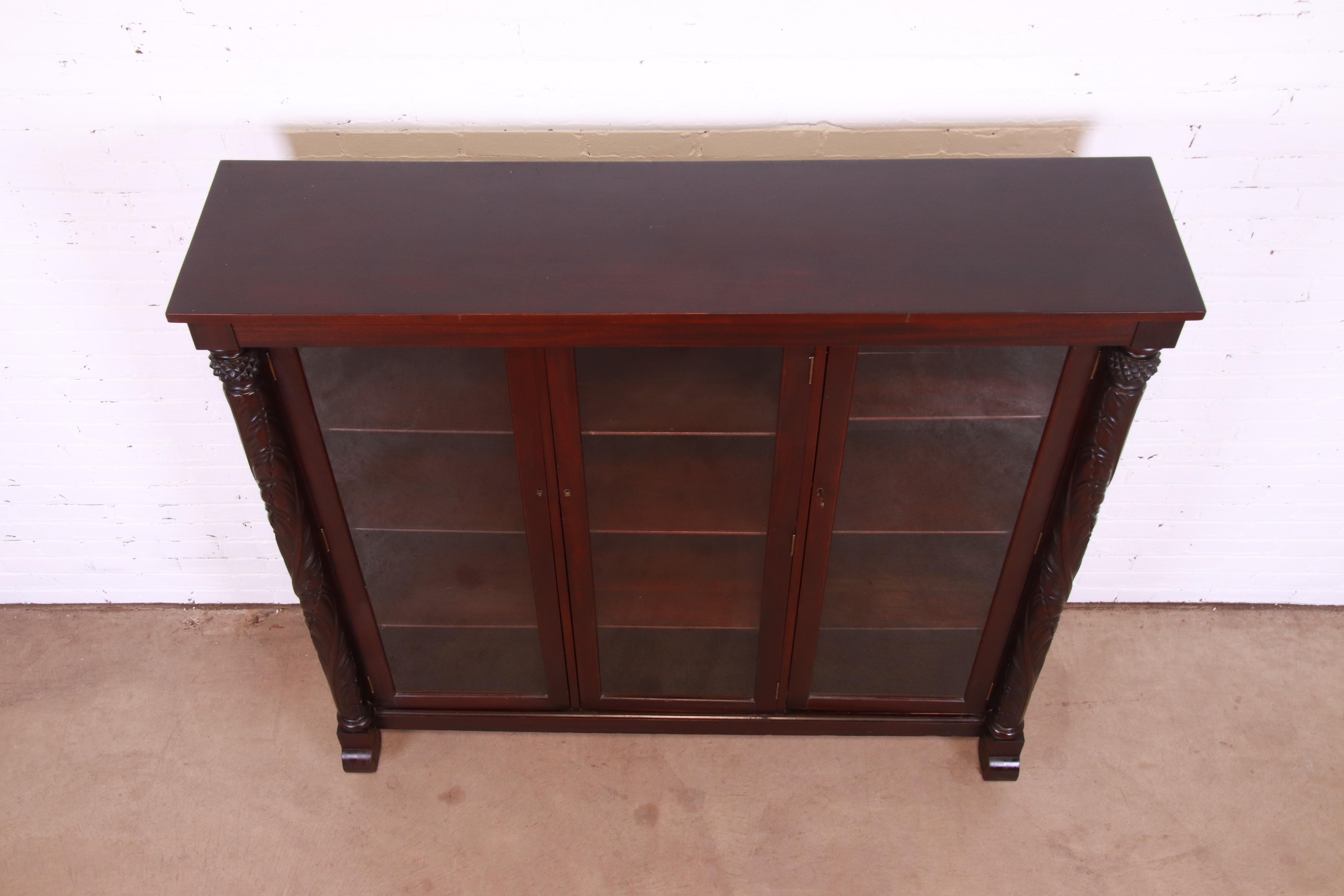 Antique Empire Carved Mahogany Glass Front Triple Bookcase, circa 1900 6