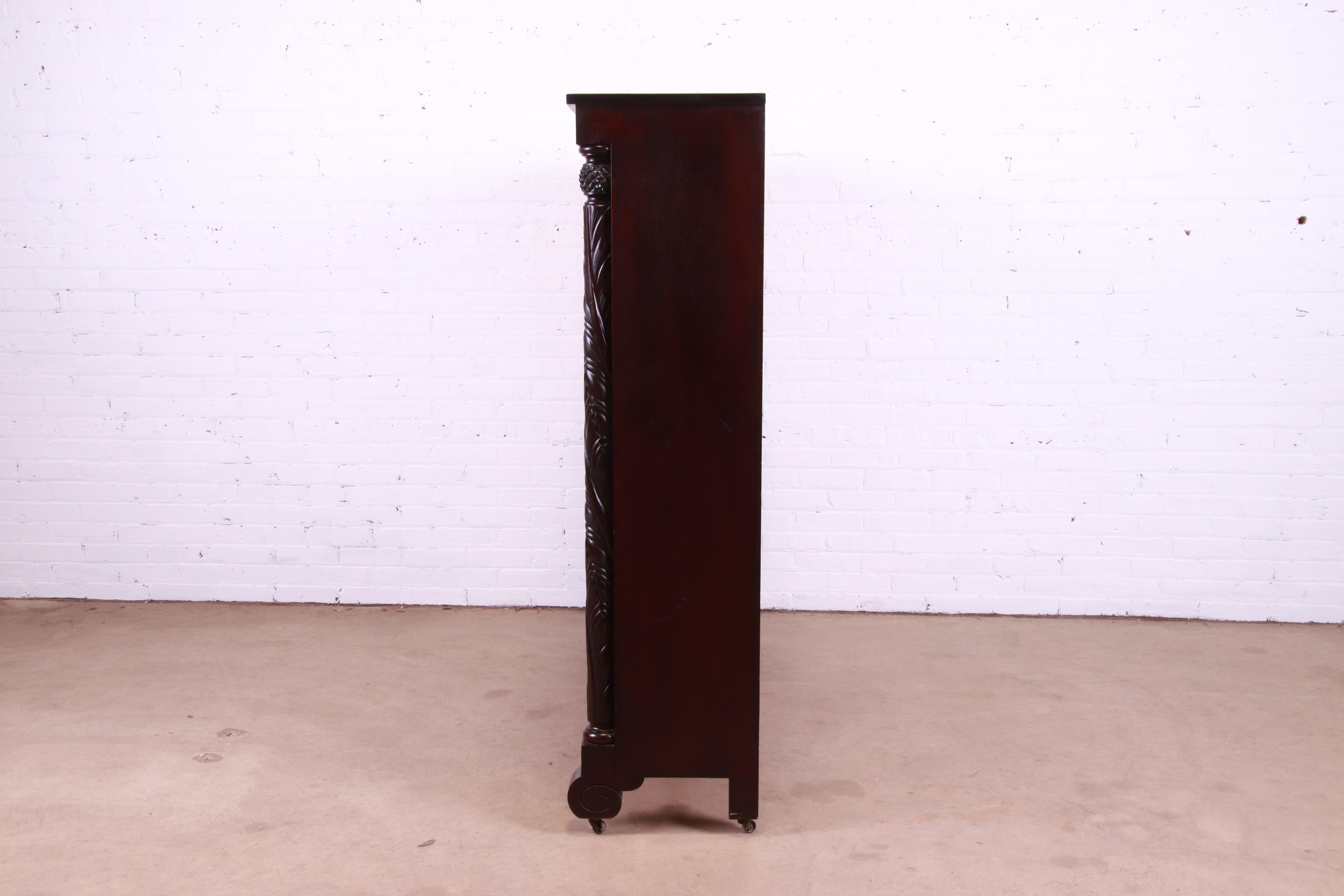 Antique Empire Carved Mahogany Glass Front Triple Bookcase, circa 1900 7