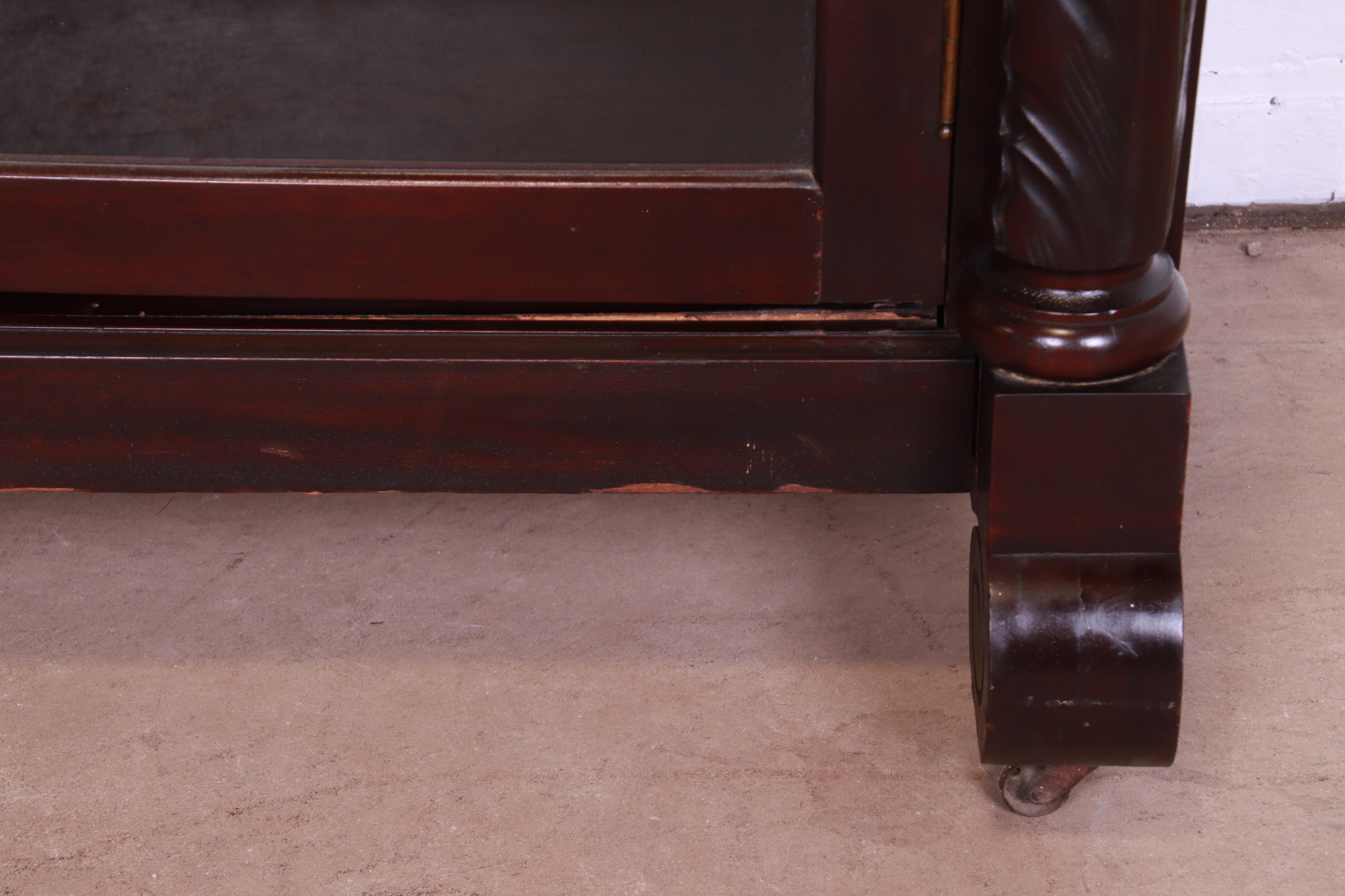 Antique Empire Carved Mahogany Glass Front Triple Bookcase, circa 1900 8