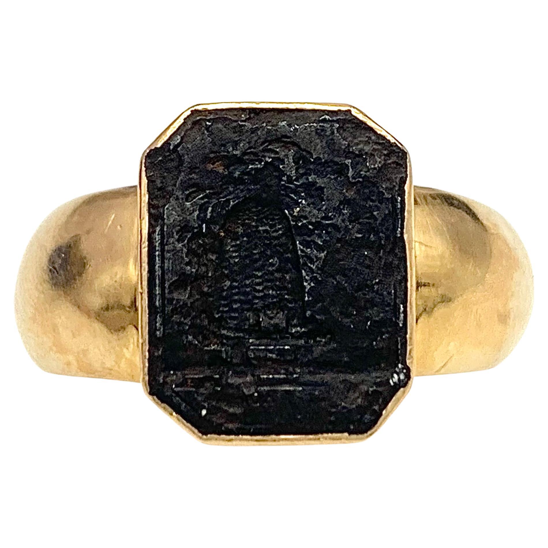 Antique Empire Cast Iron Intaglio 18 Karat Gold Ring  Gentlemen Signet Ring