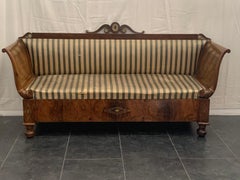 Antique Empire Charles X Inlaid Walnut & Brass Sofa, 1910s
