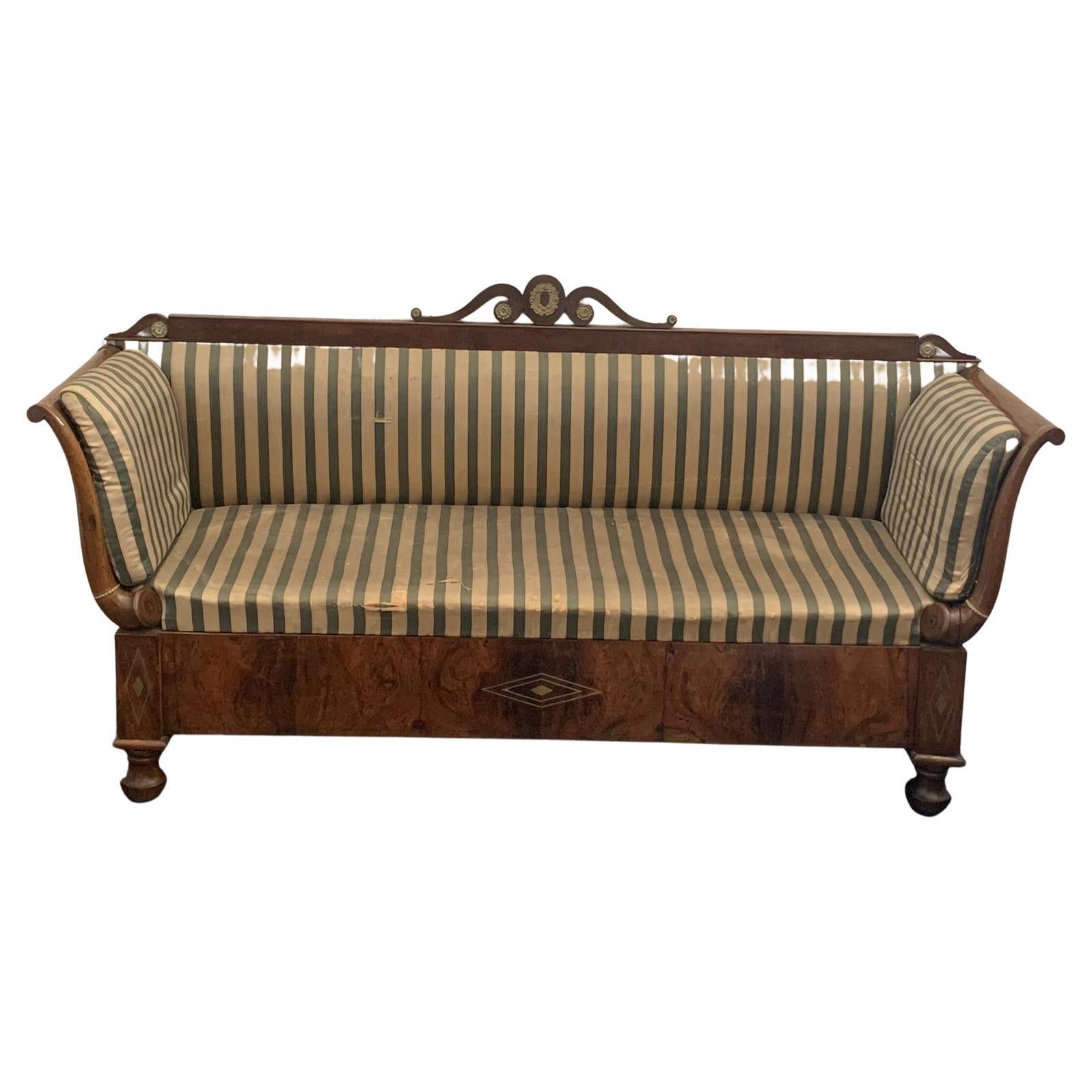Antique Empire Charles X Inlaid Walnut & Brass Sofa, 1910s For Sale