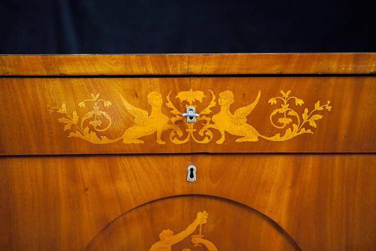19th Century Antique Empire Chest of Drawers in West Indies Mahogany with Mythological Scenes For Sale
