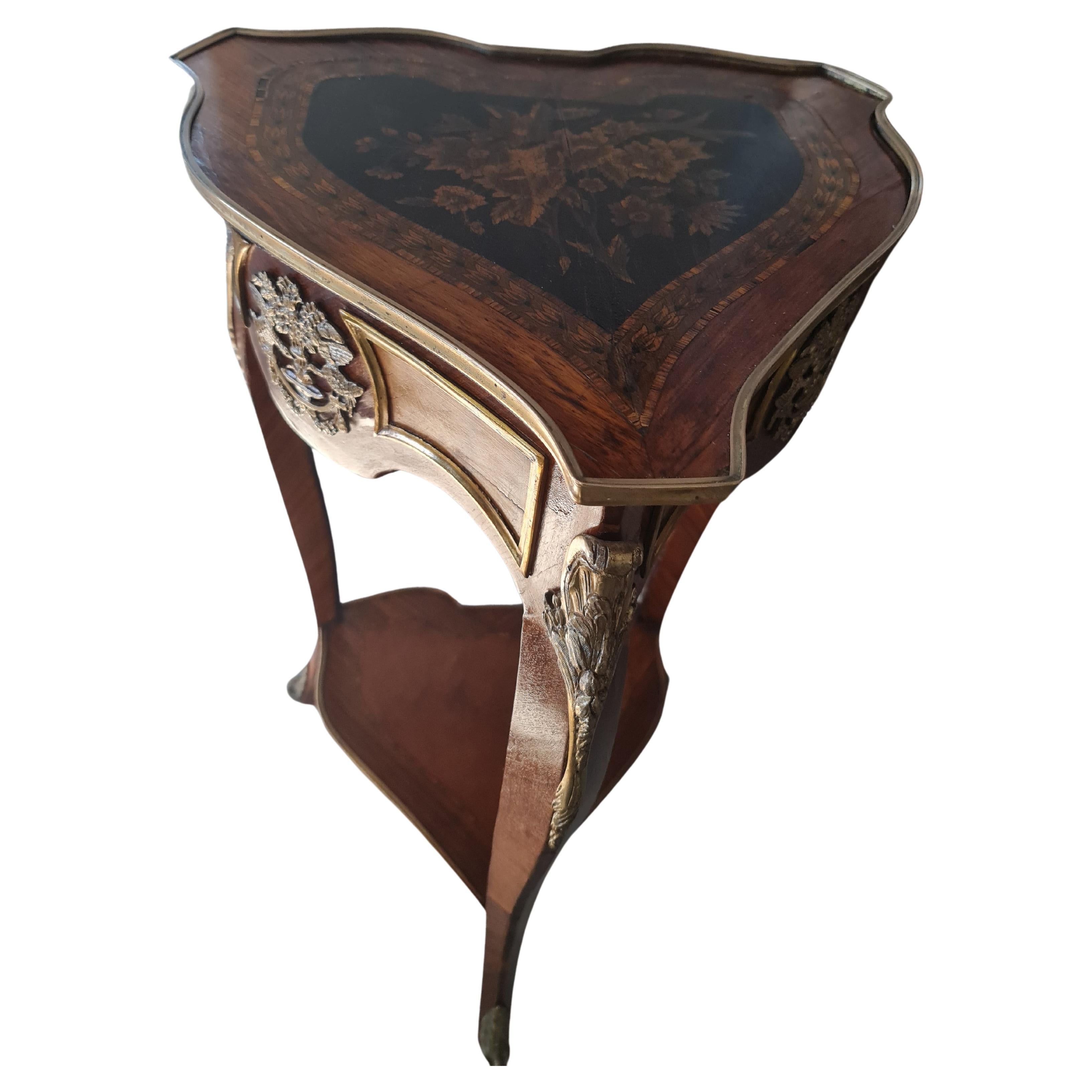 Antique empire console table, decorated  with needle-painted marquetry and coppe For Sale