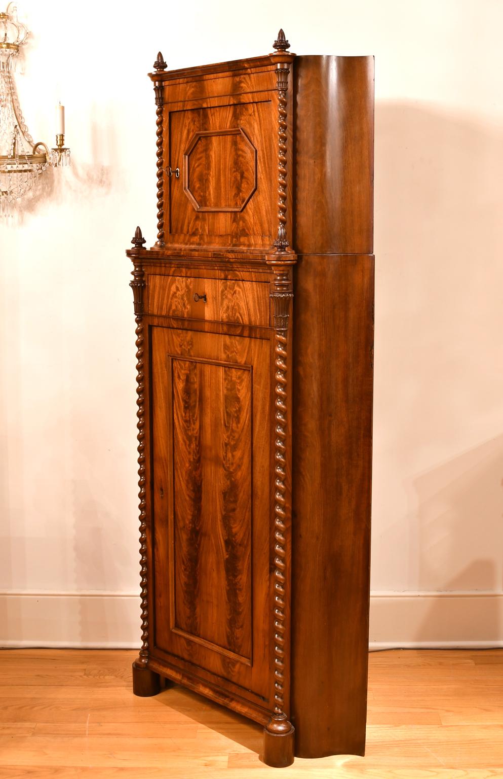Turned Antique Empire Corner Cupboard/ Cabinet in West Indies Mahogany, Denmark, c 1825
