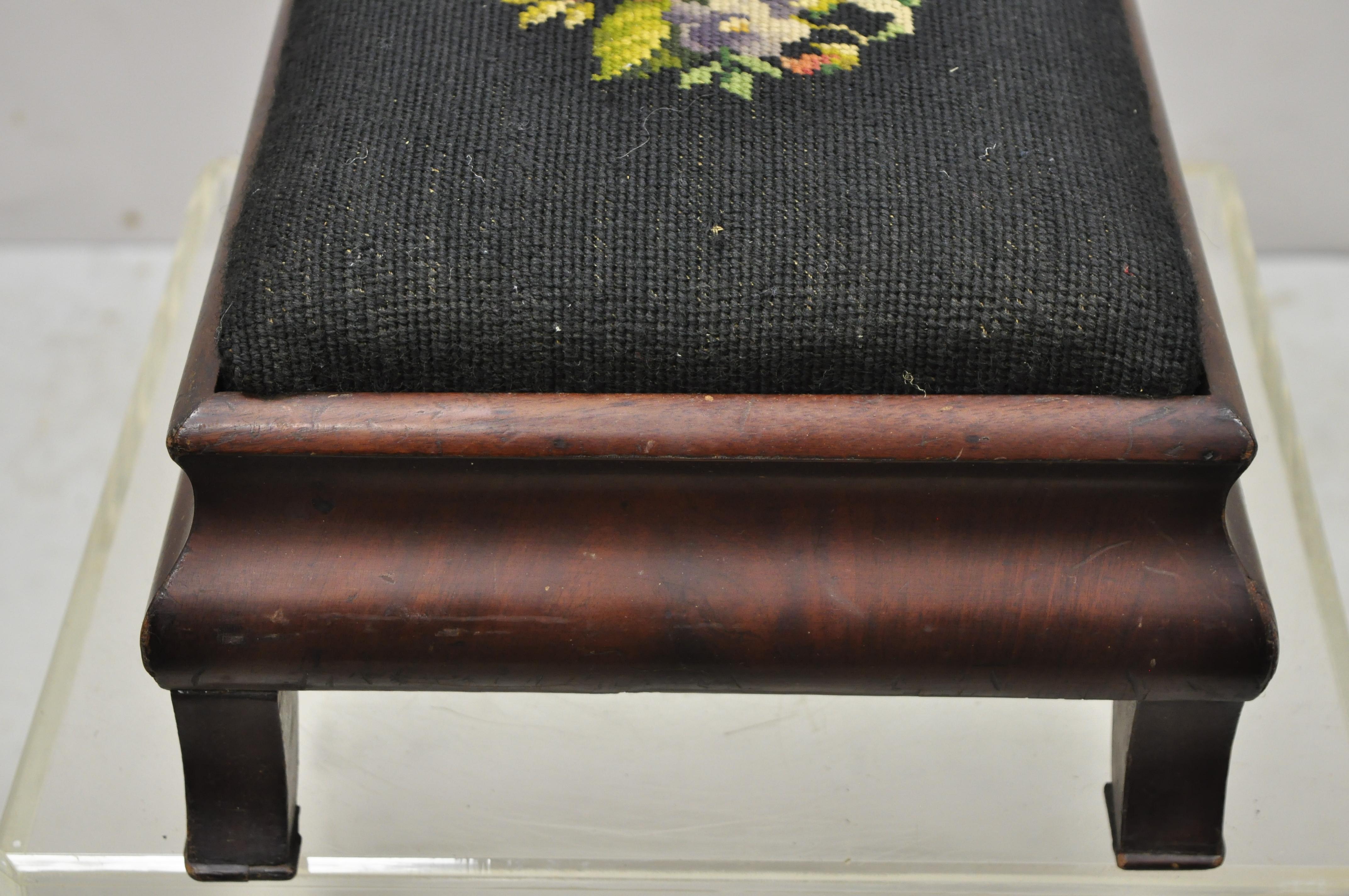 Fabric Antique Empire Crotch Mahogany Black Needlepoint Small Ottoman Footstool