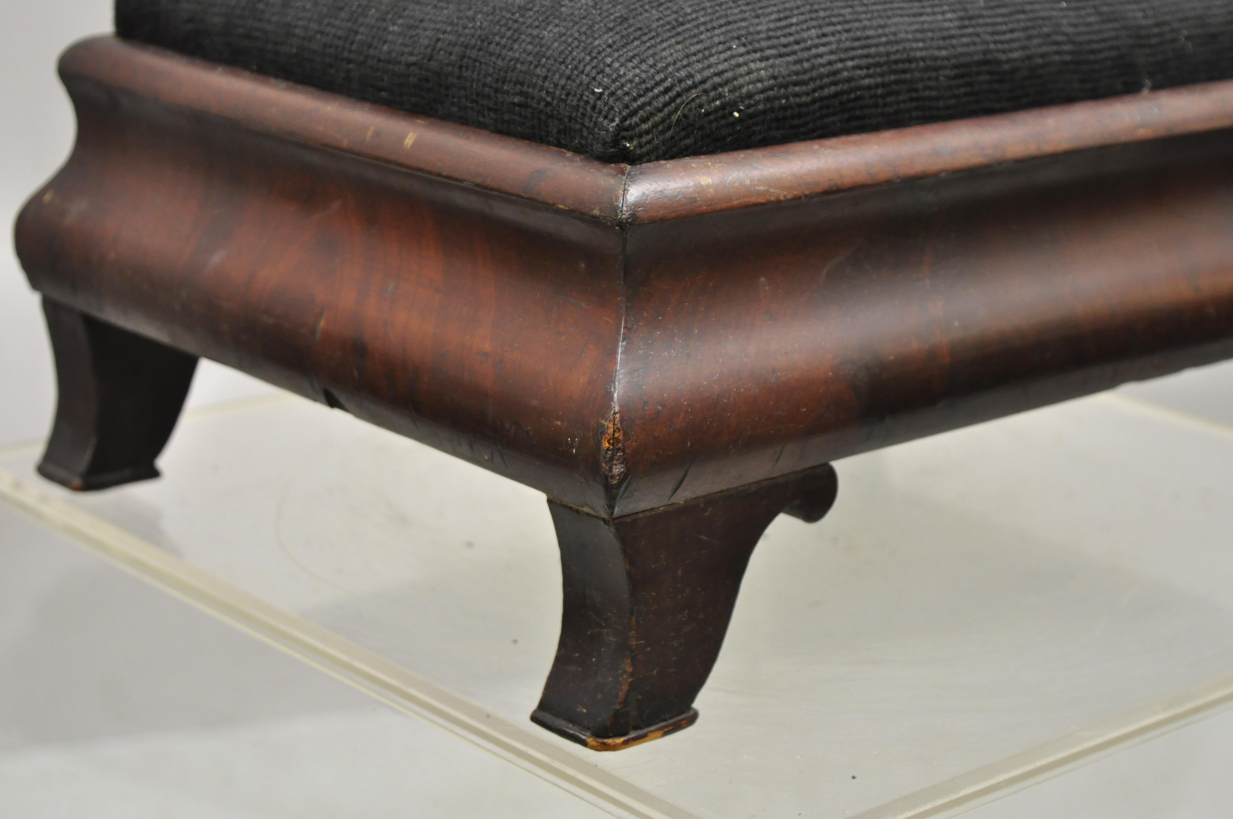 Antique Empire Crotch Mahogany Black Needlepoint Small Ottoman Footstool 1