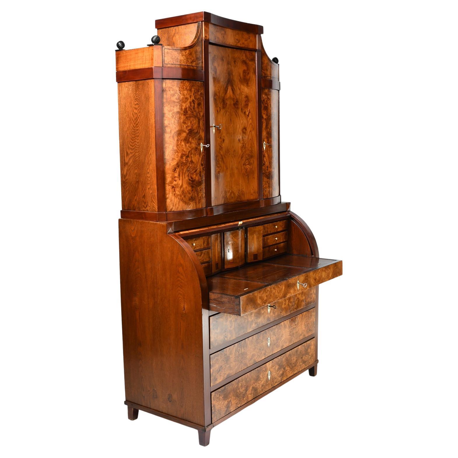 Antique Empire Cylinder-Top Secretary with Bookcase in Burled Ash For Sale 5