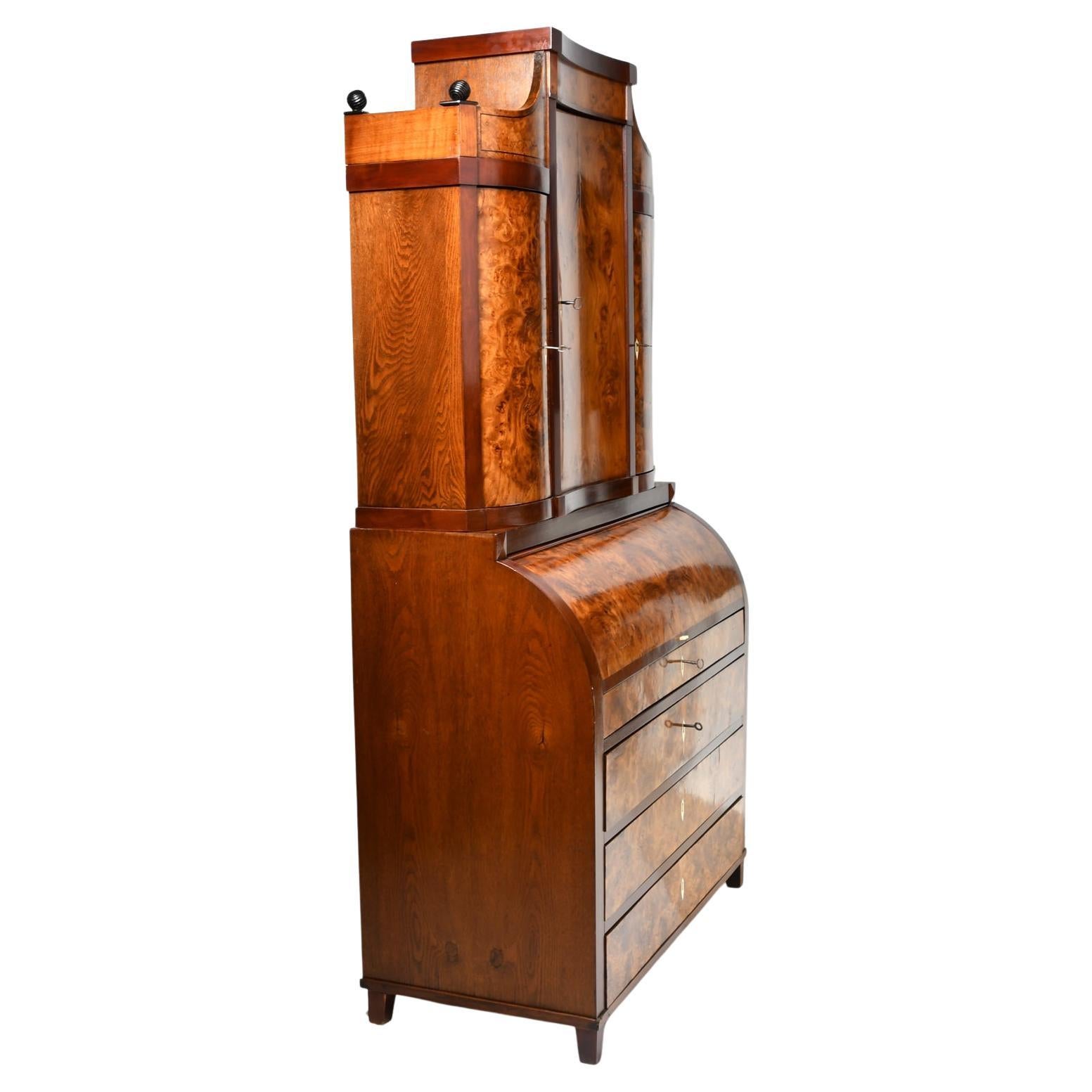 Antique Empire Cylinder-Top Secretary with Bookcase in Burled Ash For Sale 6
