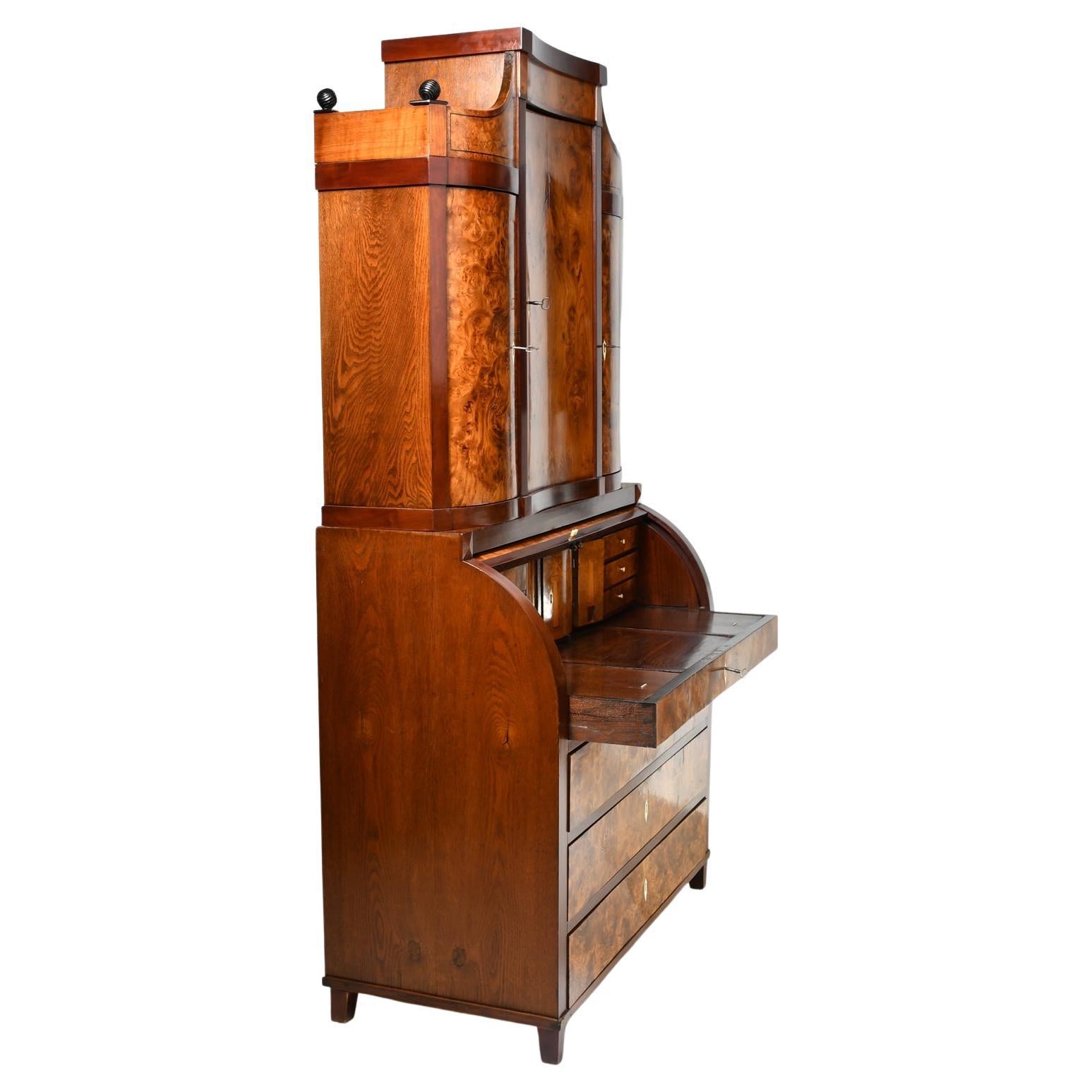 Antique Empire Cylinder-Top Secretary with Bookcase in Burled Ash For Sale 7