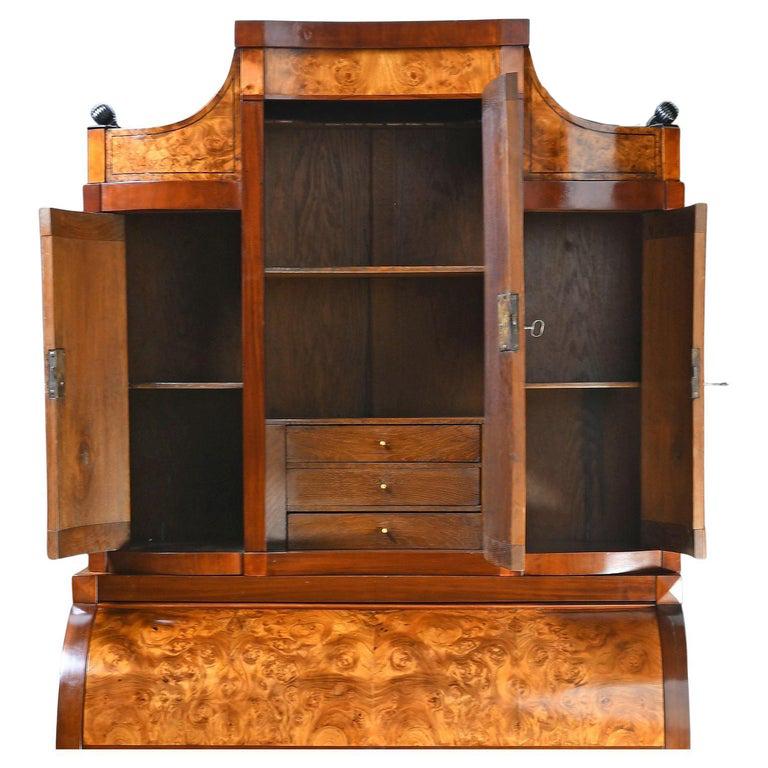 Antique Empire Cylinder-Top Secretary with Bookcase in Burled Ash For Sale 8