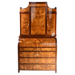 Antique Empire Cylinder-Top Secretary with Bookcase in Burled Ash