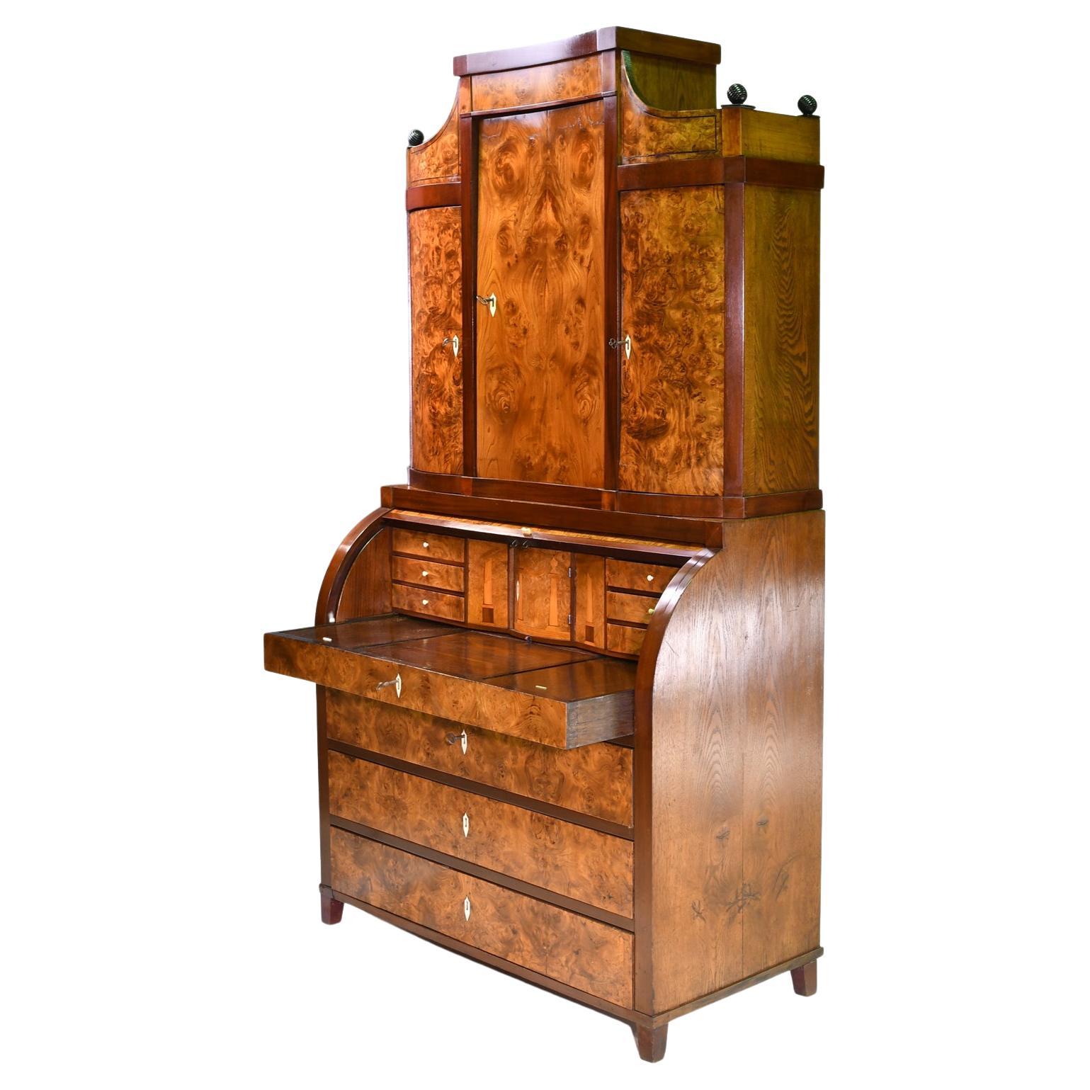 19th Century Antique Empire Cylinder-Top Secretary with Bookcase in Burled Ash For Sale