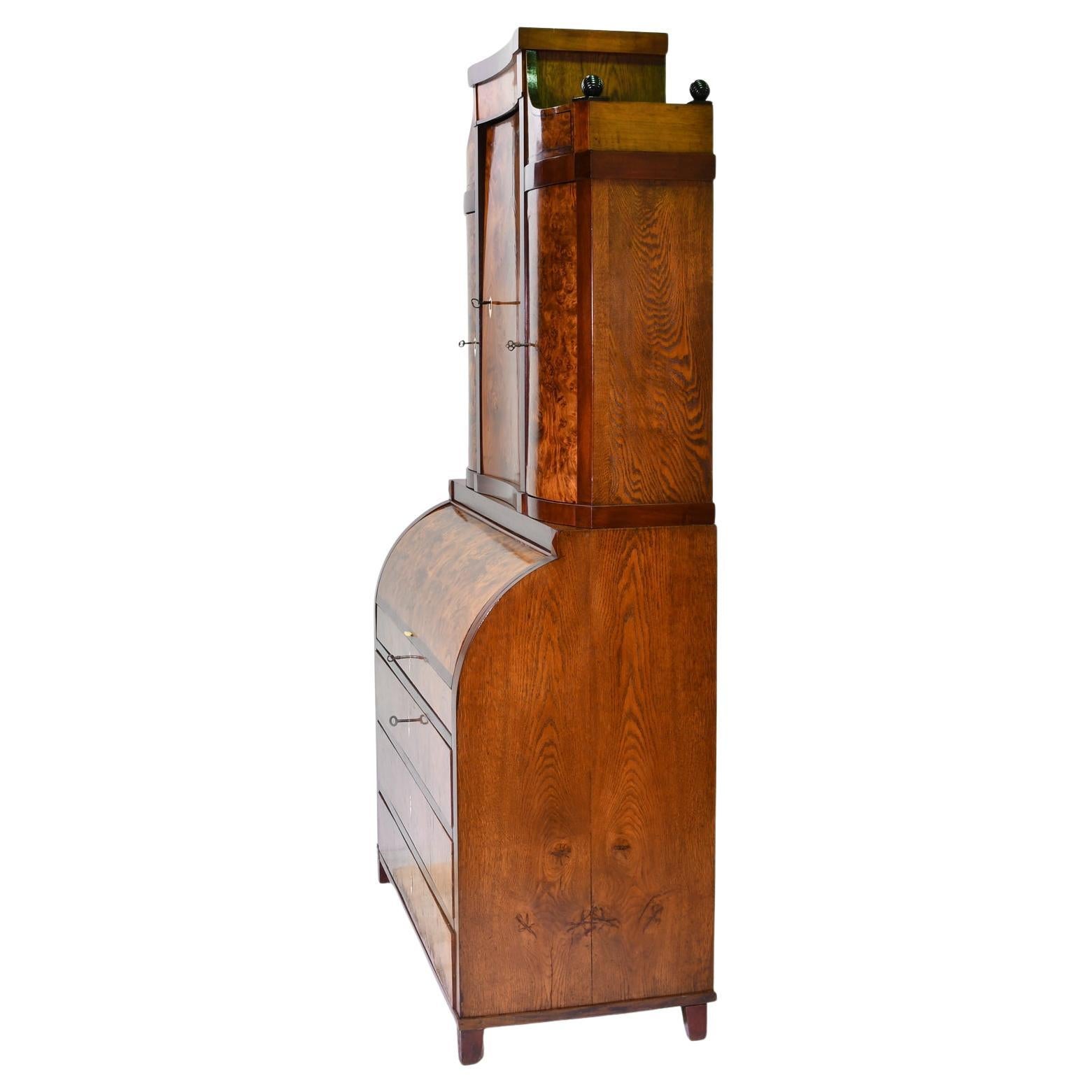 Antique Empire Cylinder-Top Secretary with Bookcase in Burled Ash For Sale 1