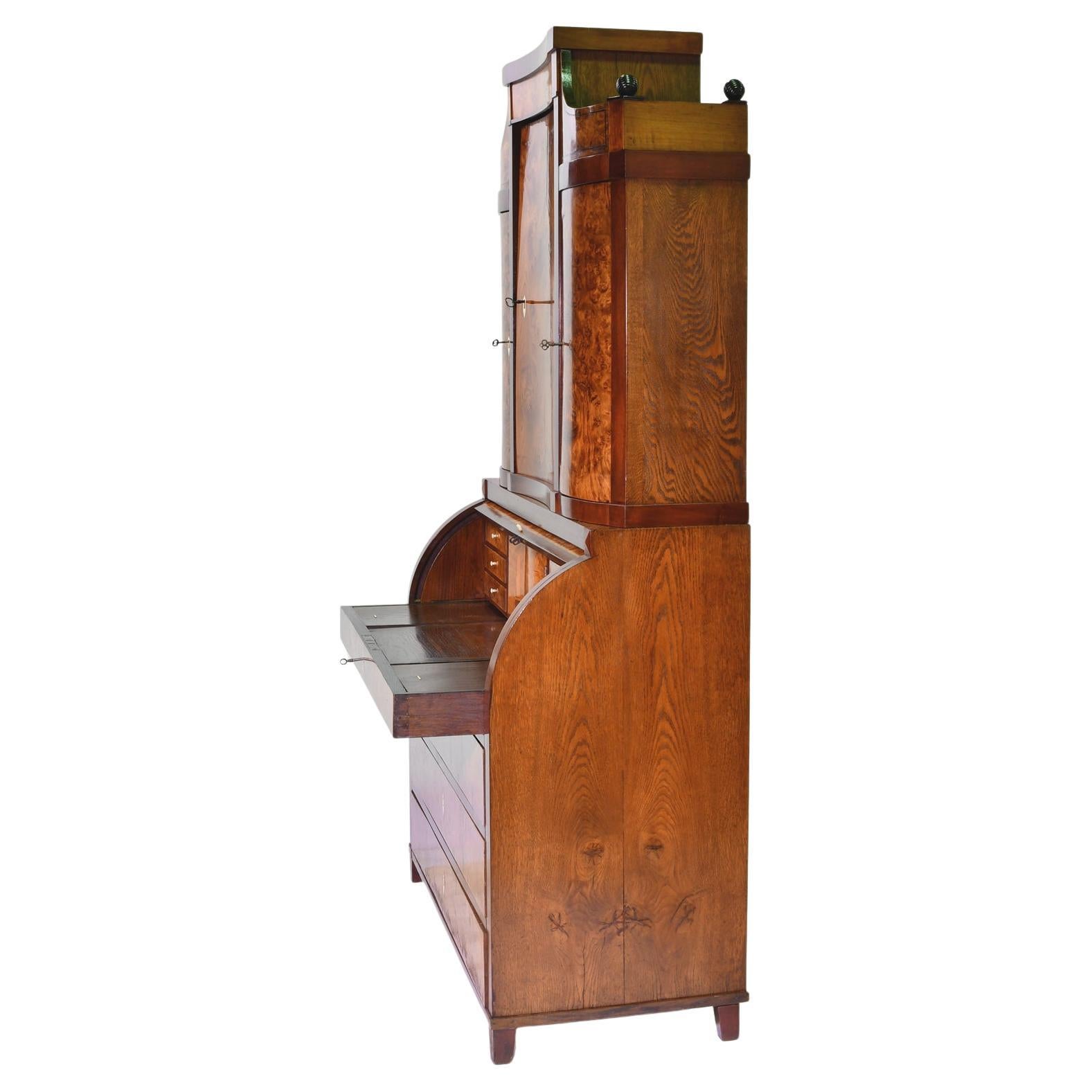 Antique Empire Cylinder-Top Secretary with Bookcase in Burled Ash For Sale 2