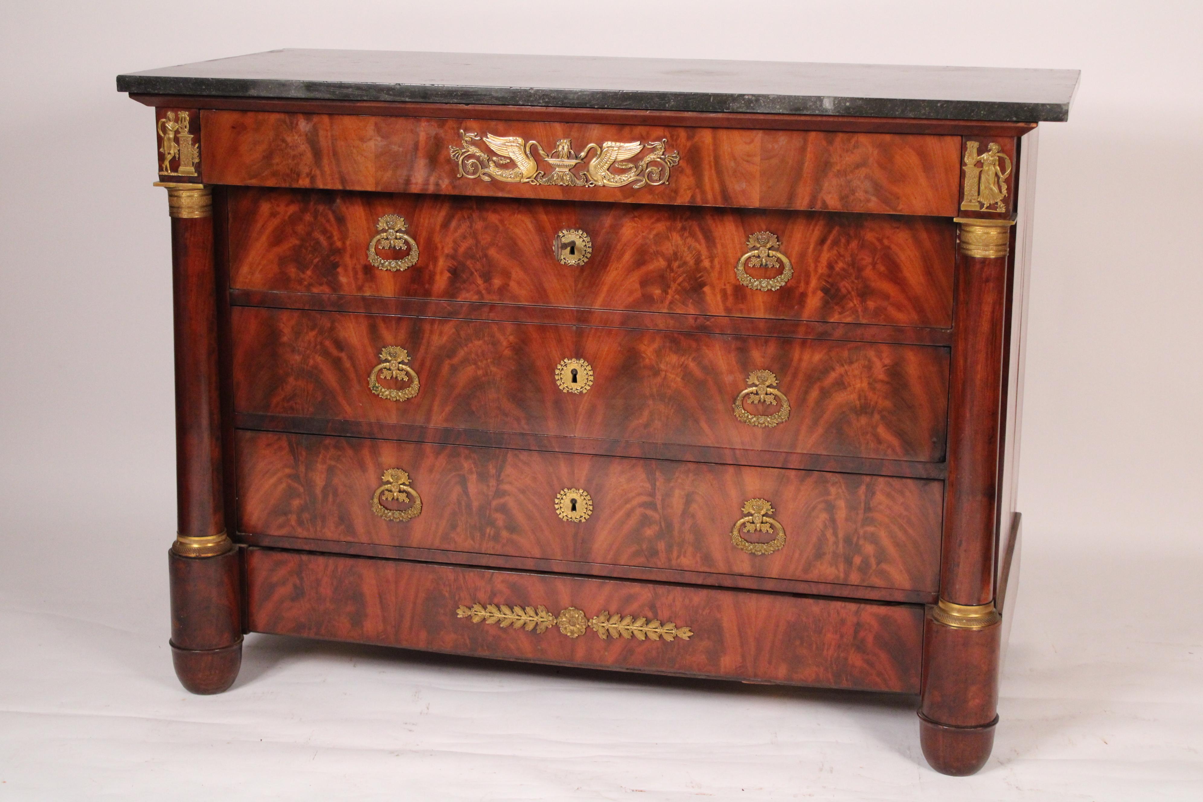 European Antique Empire Flame Mahogany Chest Of Drawers For Sale