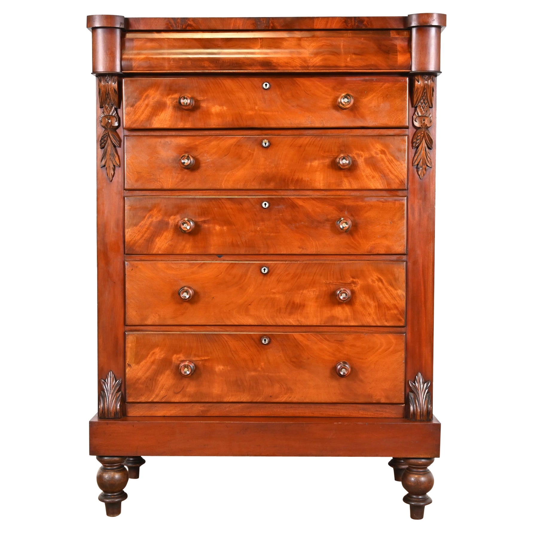 Ancienne commode haute style Empire en acajou flamboyant, vers 1880