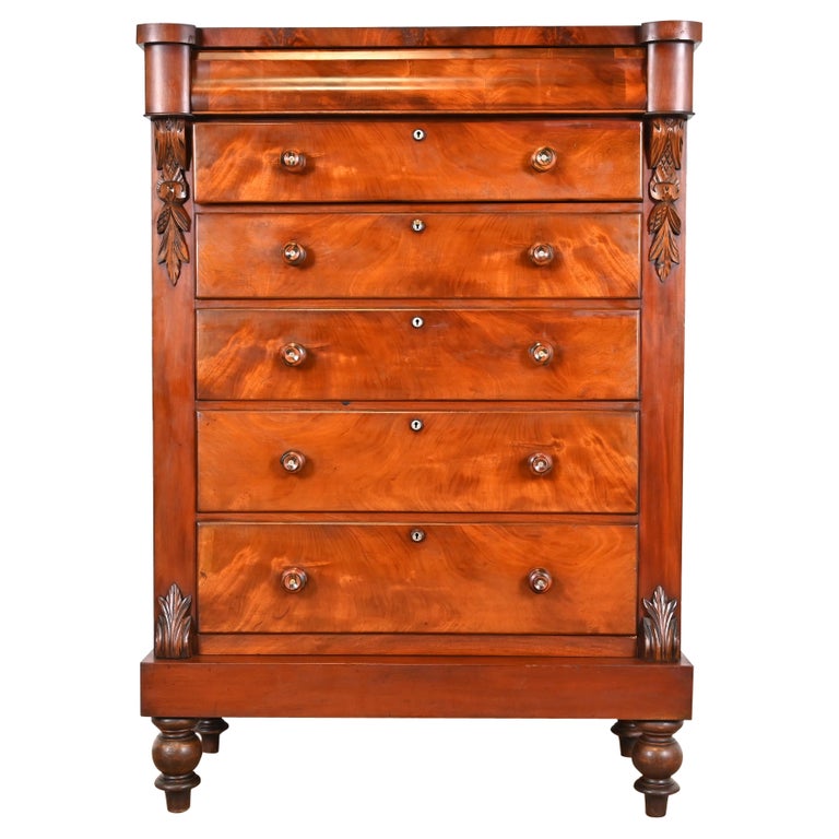 Antique Empire Flame Mahogany Highboy Chest of Drawers, Circa 1880s For  Sale at 1stDibs