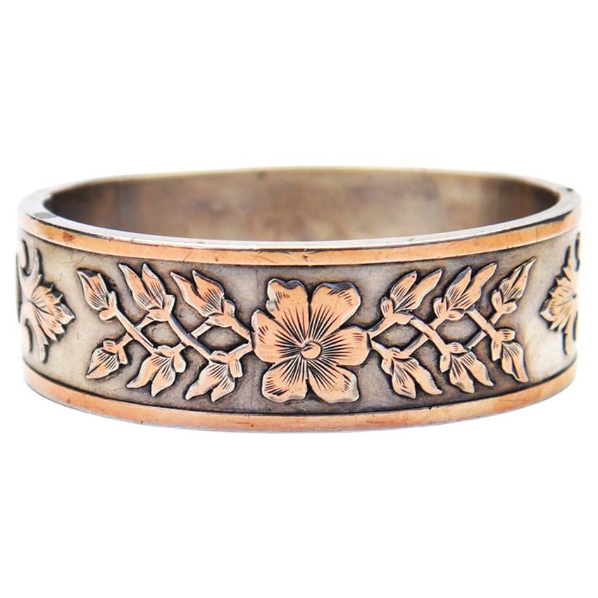 Antique Empire French Sterling Silver 14K Rose Gold Bangle Bracelet /28gr For Sale