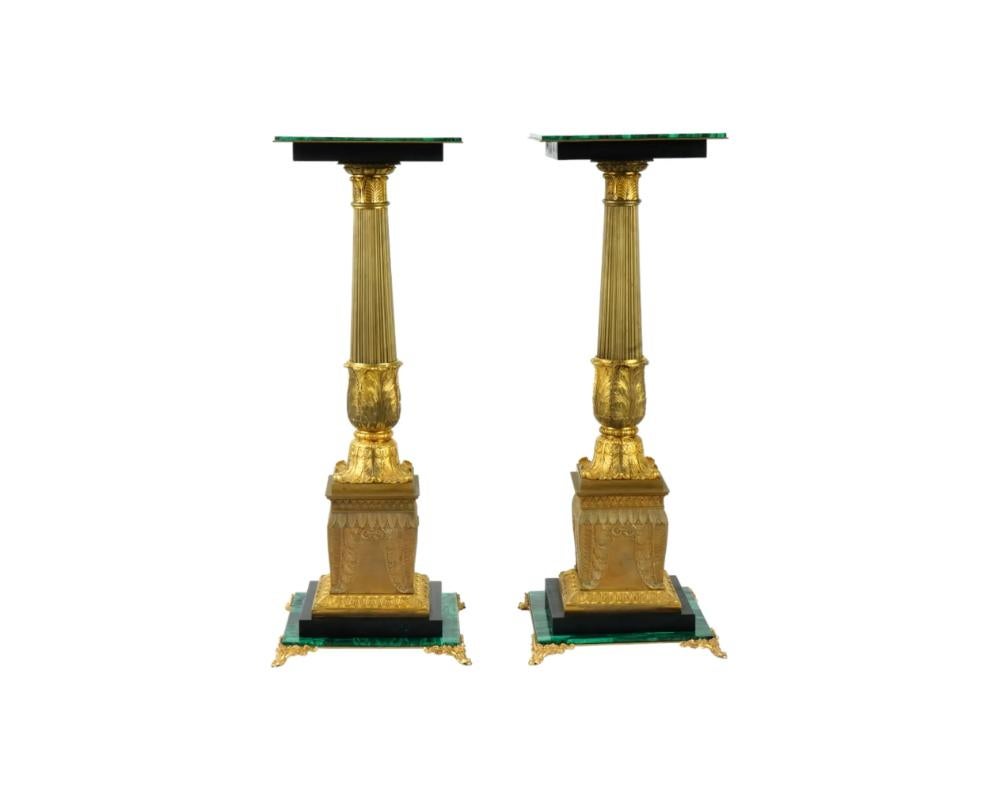 French Antique Empire Gilt Bronze And Malachite Side Tables Pedestals For Sale