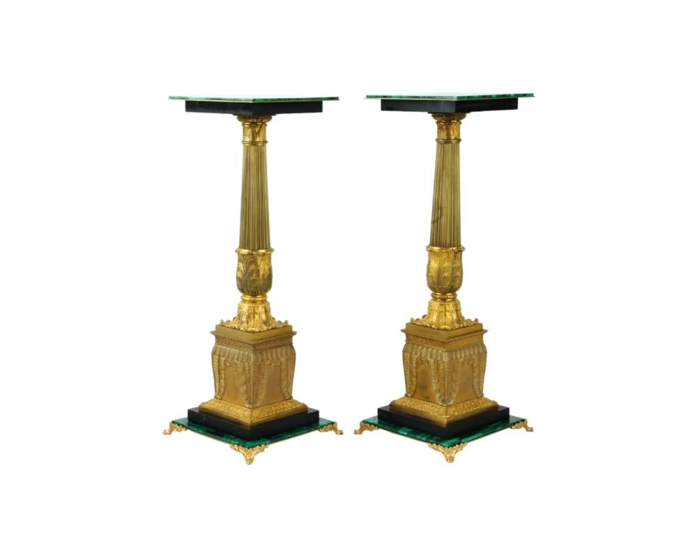 Antique Empire Gilt Bronze And Malachite Side Tables Pedestals In Good Condition For Sale In New York, NY
