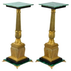 Antique Empire Gilt Bronze And Malachite Side Tables Pedestals