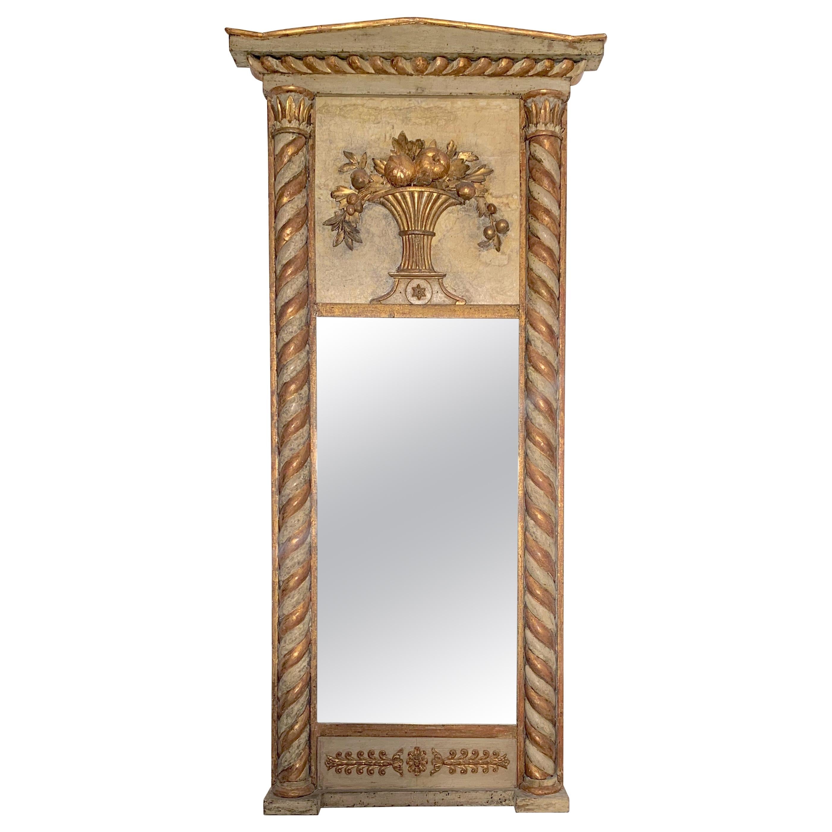 Antique Empire Gilt Carved Painted Beech Wood Swedish Trumeau Wall Mirror For Sale