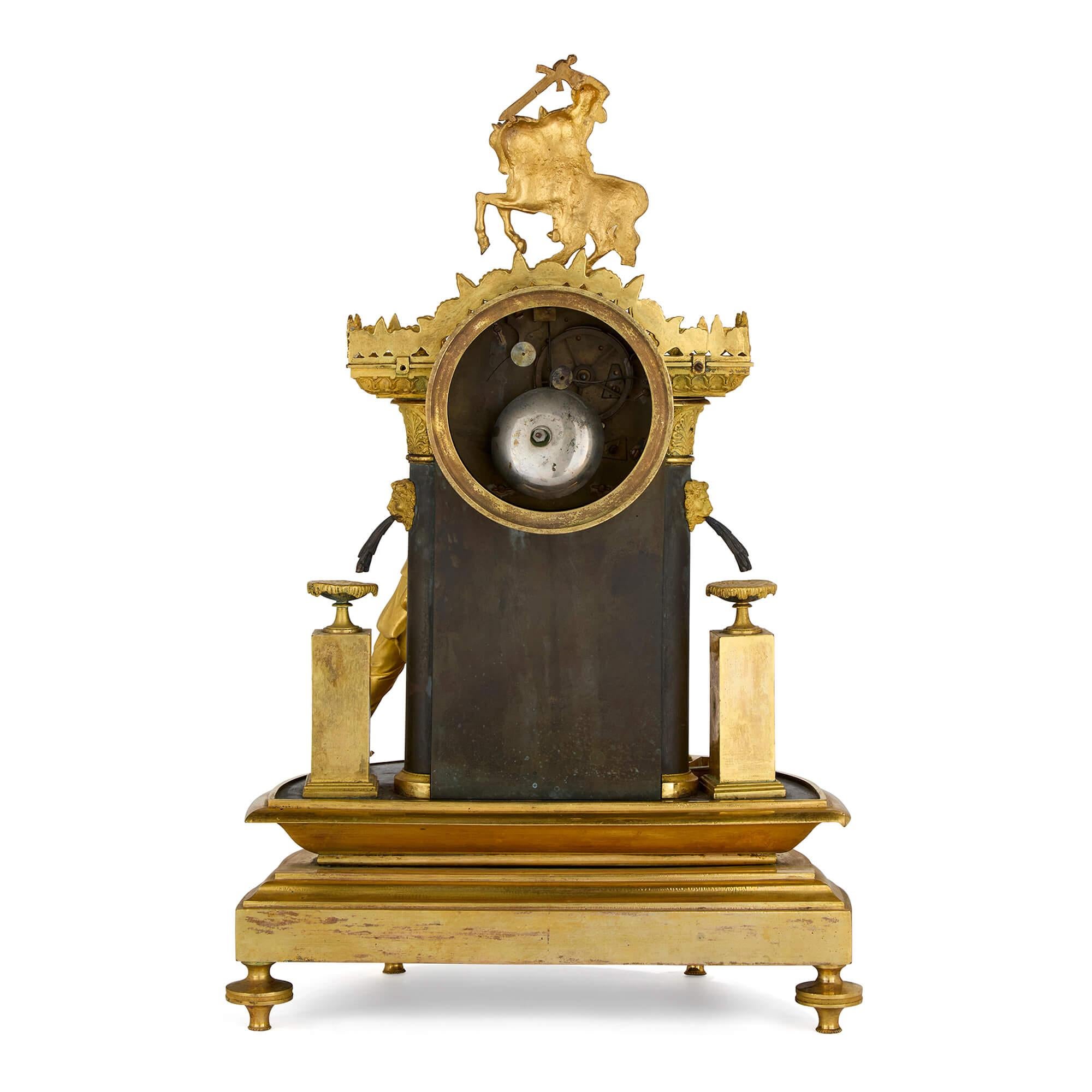 French Antique Empire Gold Gilt Patinated Bronze Ormolu Mantel Clock For Sale
