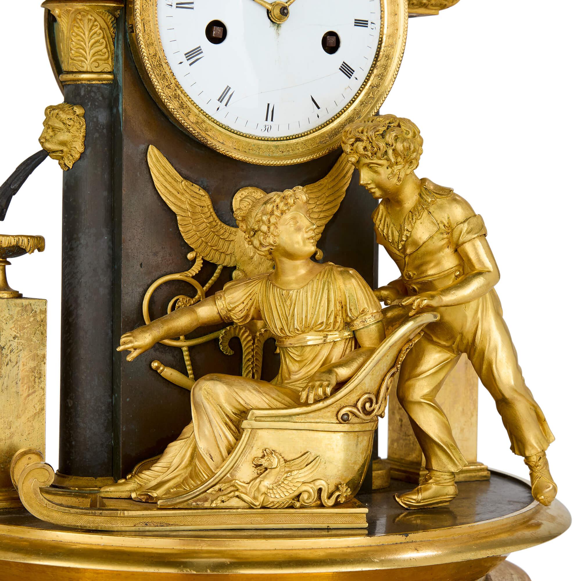 Antique Empire Gold Gilt Patinated Bronze Ormolu Mantel Clock In Good Condition For Sale In London, GB