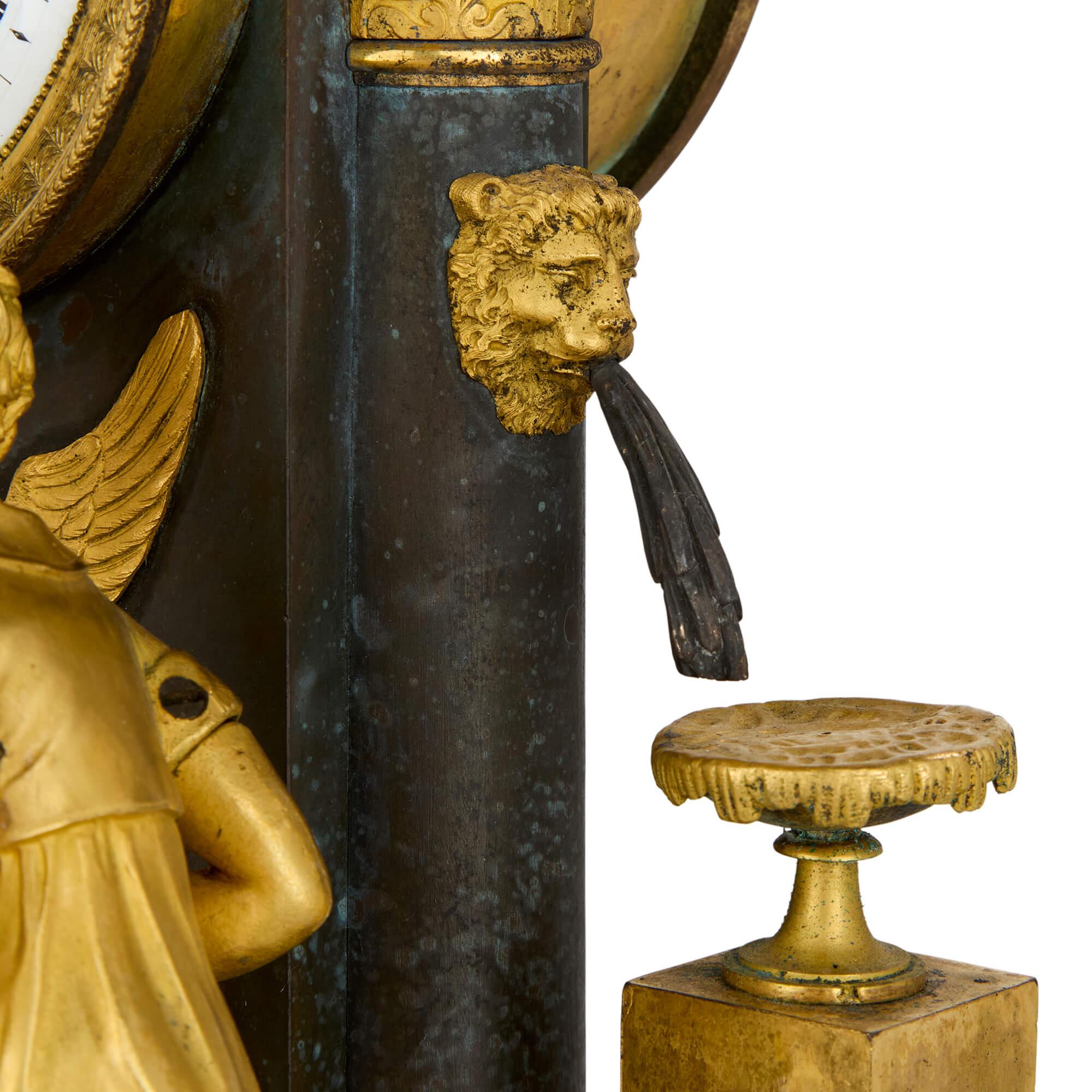 19th Century Antique Empire Gold Gilt Patinated Bronze Ormolu Mantel Clock For Sale