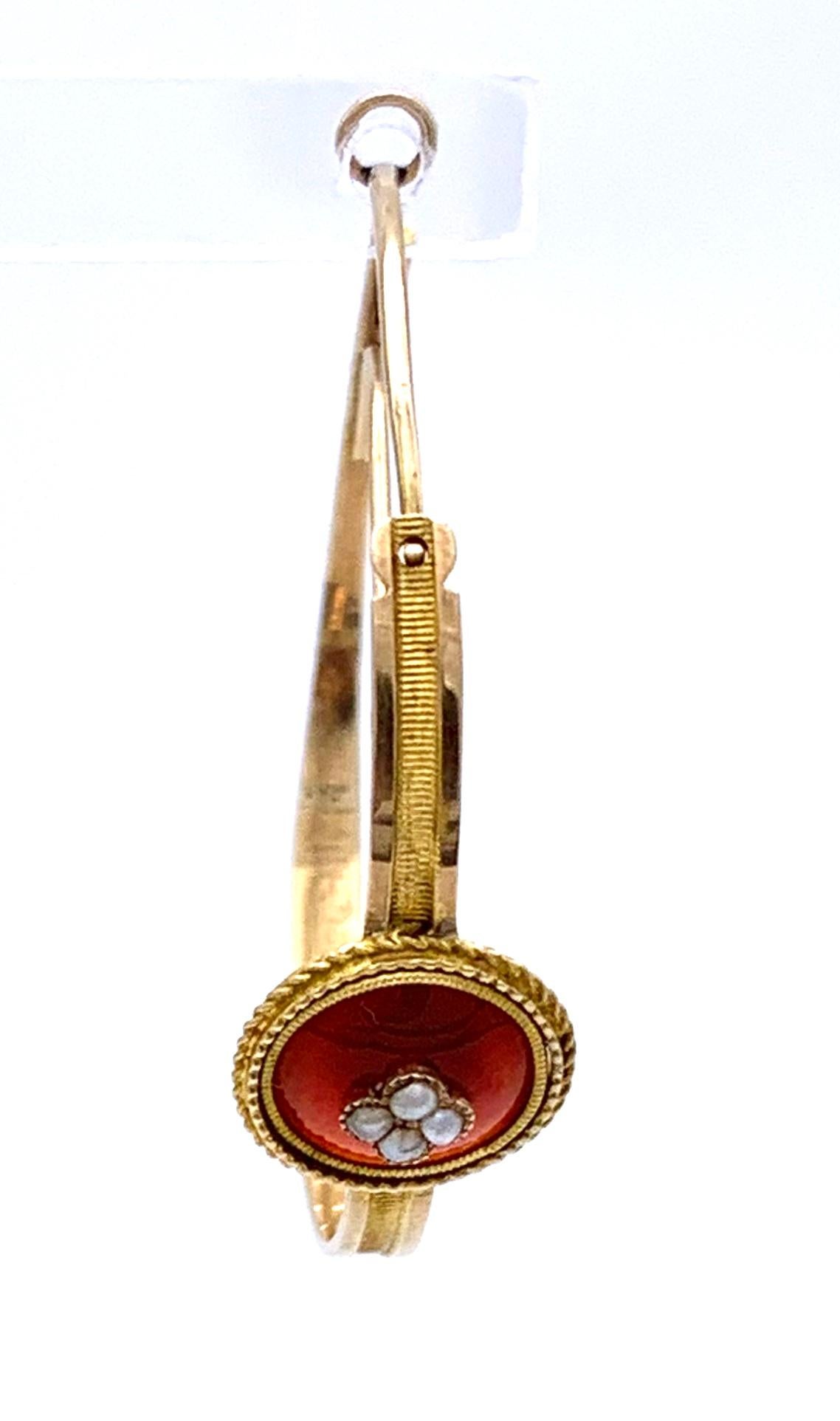 Women's Antique Empire Hoop Earrings 14 Karat Gold Carnelian Cabochons Oriental Pearls  For Sale