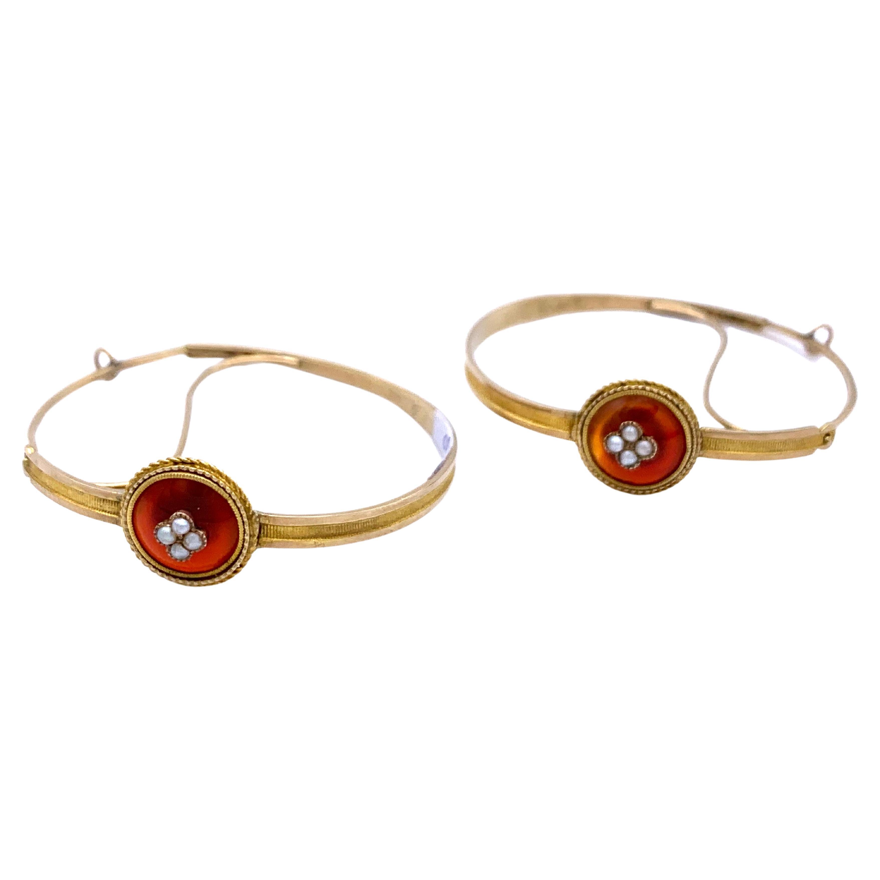 Antique Empire Hoop Earrings 14 Karat Gold Carnelian Cabochons Oriental Pearls  For Sale