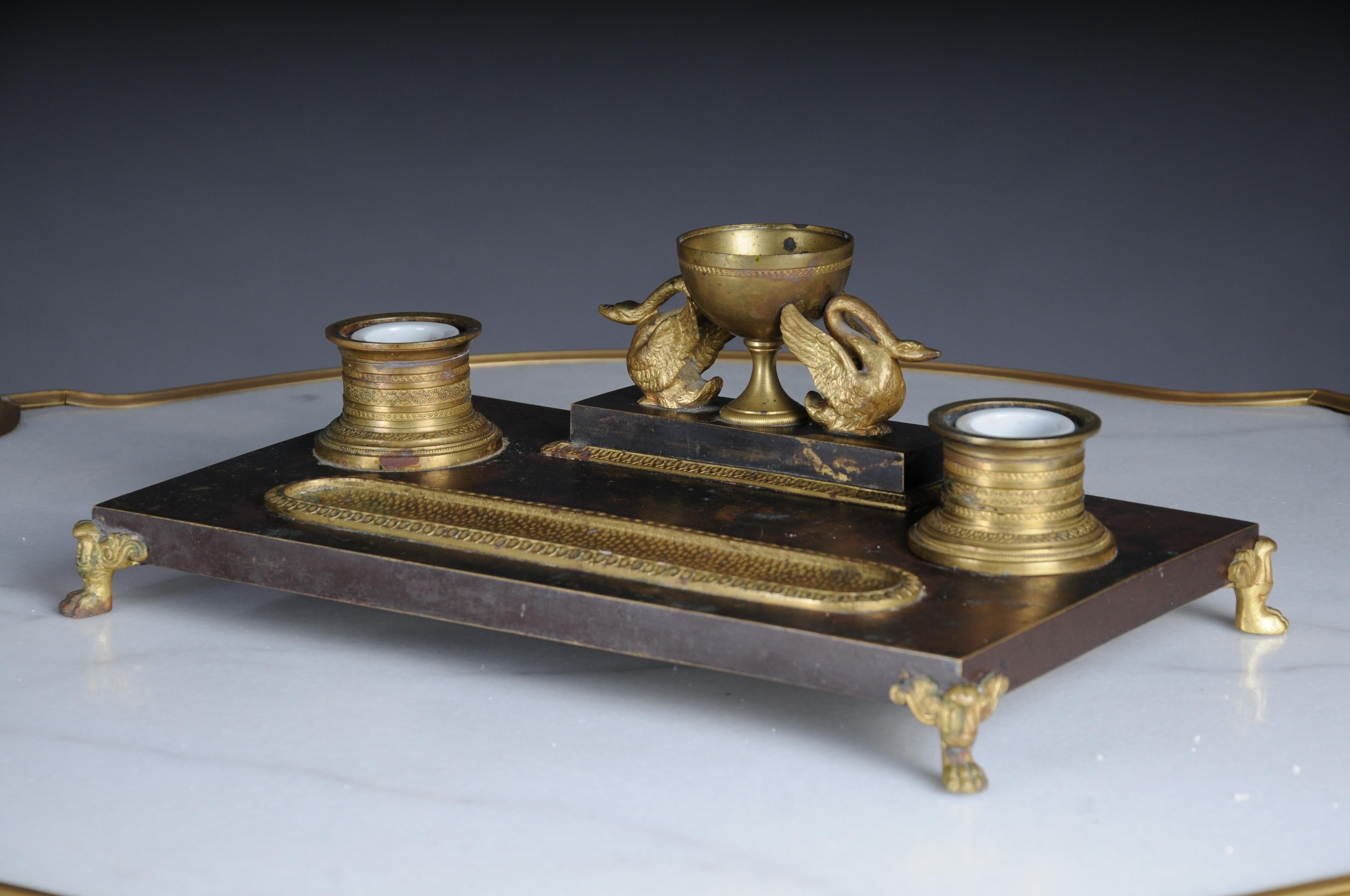 Bronze Antique Empire ink set, gold-plated bronze with swans, France For Sale