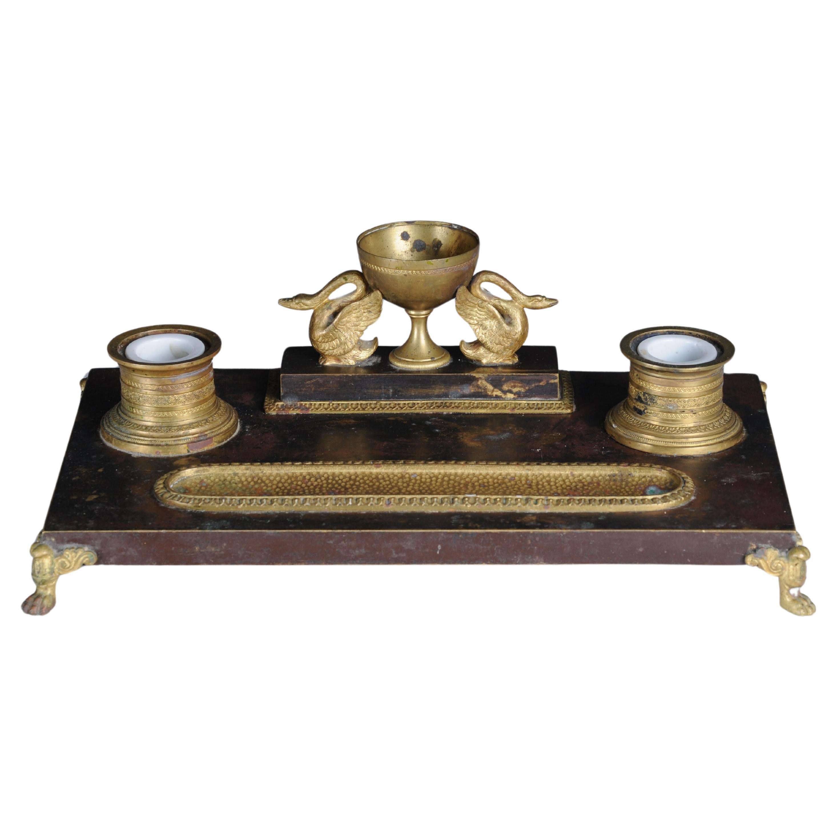 Antique Empire ink set, gold-plated bronze with swans, France