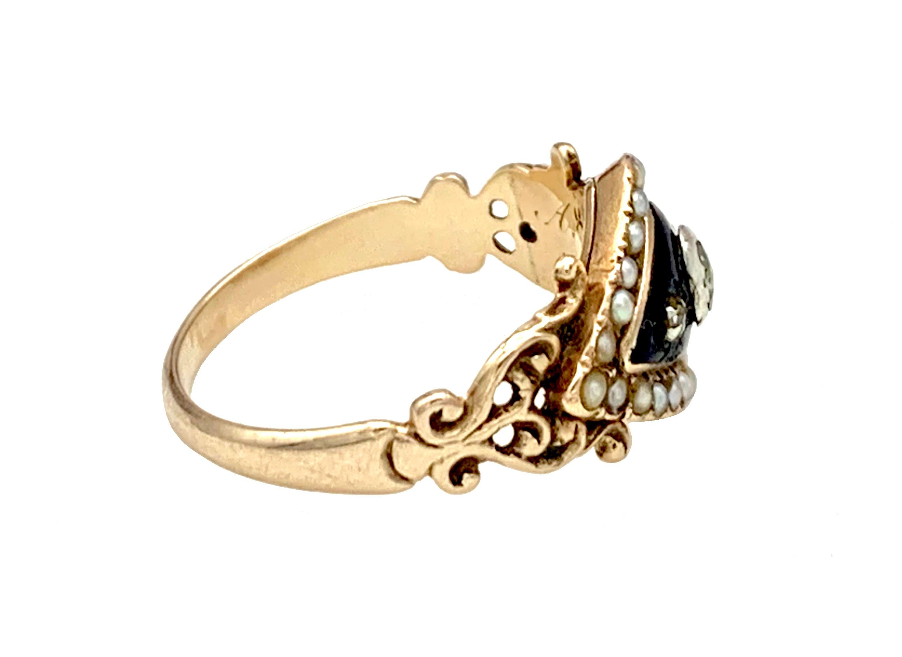Rose Cut Antique Empire Love Token Ring 14 Karat Gold Diamond Blue Enamel Oriental Pearls For Sale