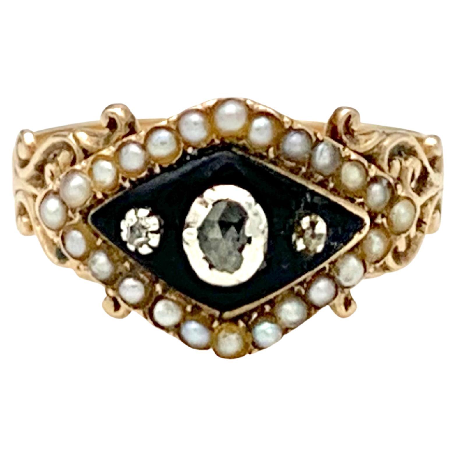 Antique Empire Love Token Ring 14 Karat Gold Diamond Blue Enamel Oriental Pearls
