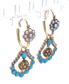 Antique Empire Lyre Dangling Earrings Oriental, Pearl, Turquoise 10 Kt Gold