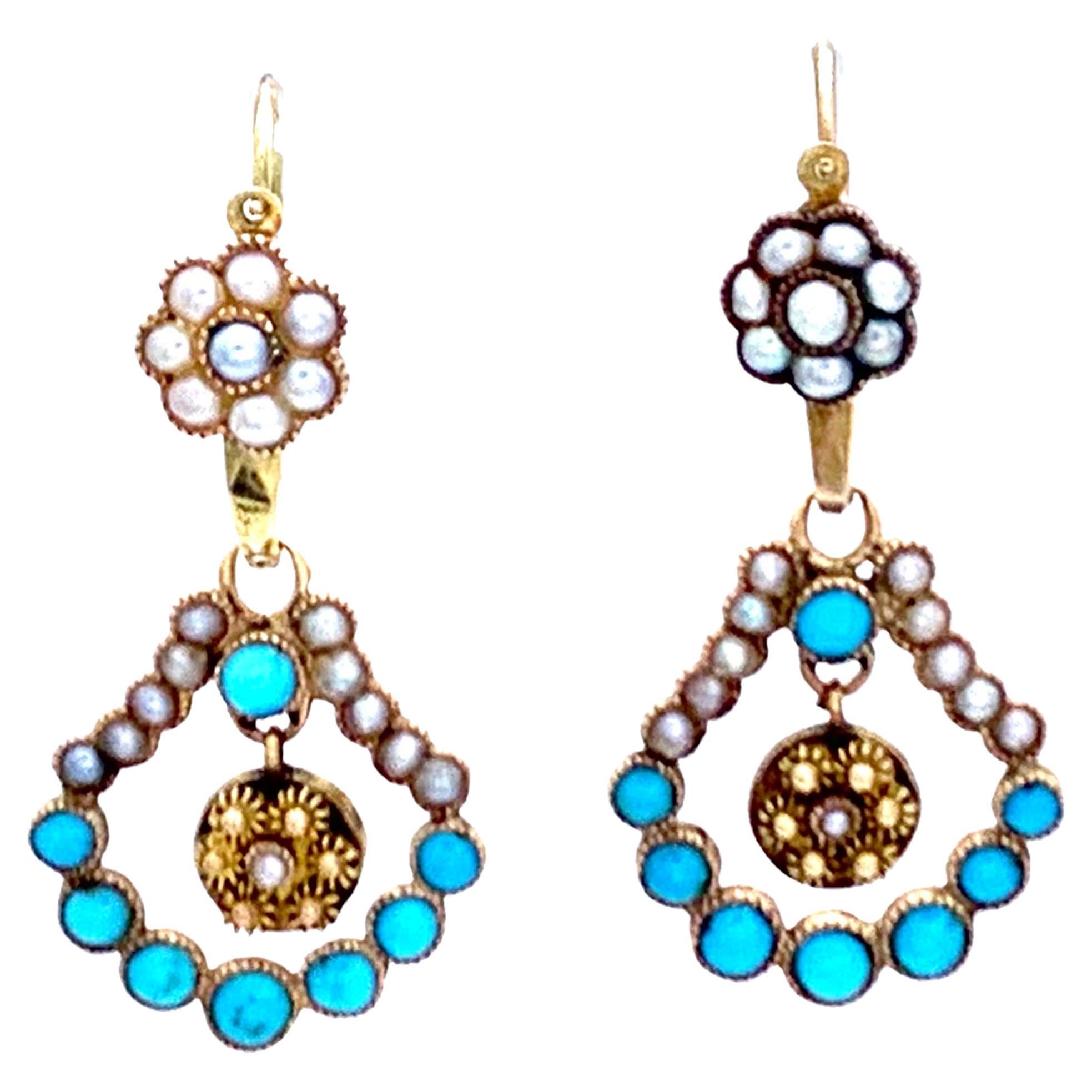 Pendants d'oreilles anciens Empire Lyre en or 10 carats Oriental, perles et turquoise