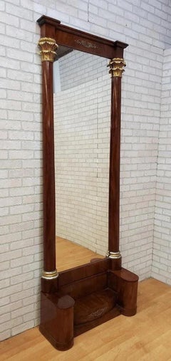 Antique Empire Mahogany Gilded Corinthian Column Topped Platform Pier Mirror