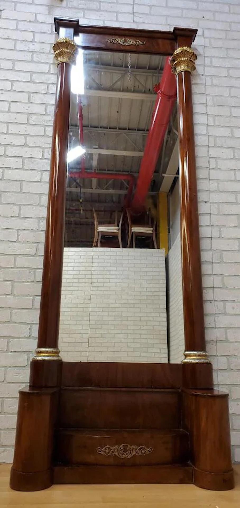 Hand-Carved Antique Empire Mahogany Gilded Corinthian Column Topped Platform Pier Mirror