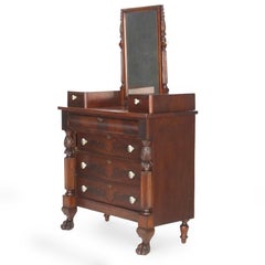 Antique Empire Neoclassical Carved Flame Mahogany Claw Foot Dresser C1890